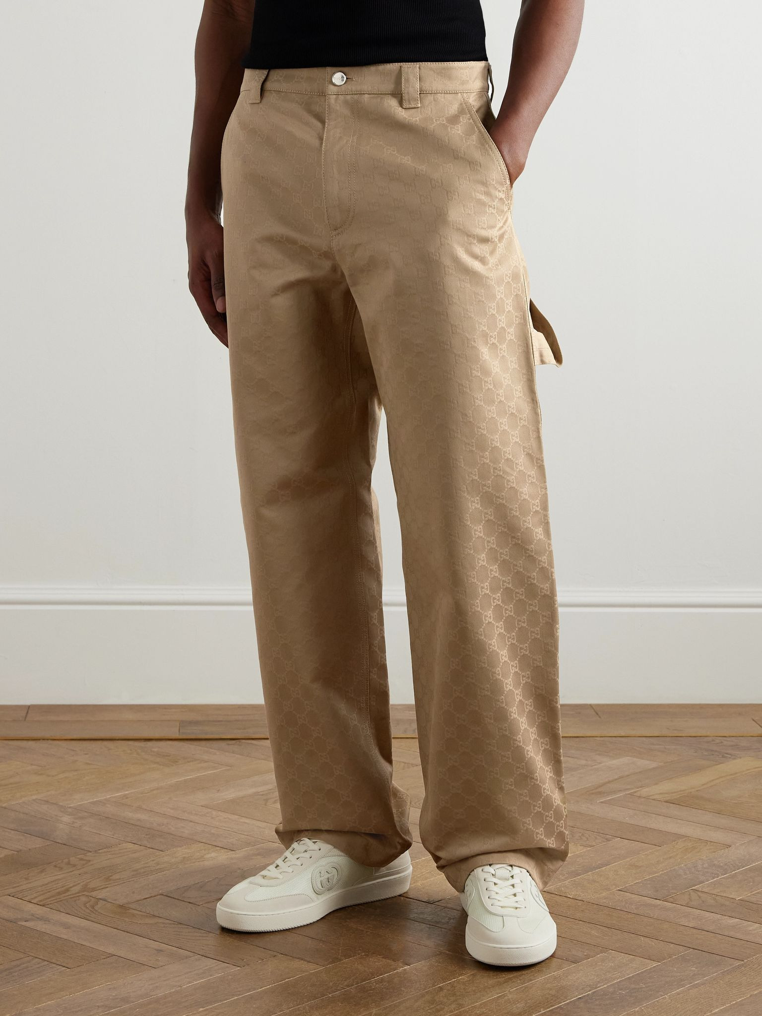 Straight-Leg Cotton Trousers Beige - 3