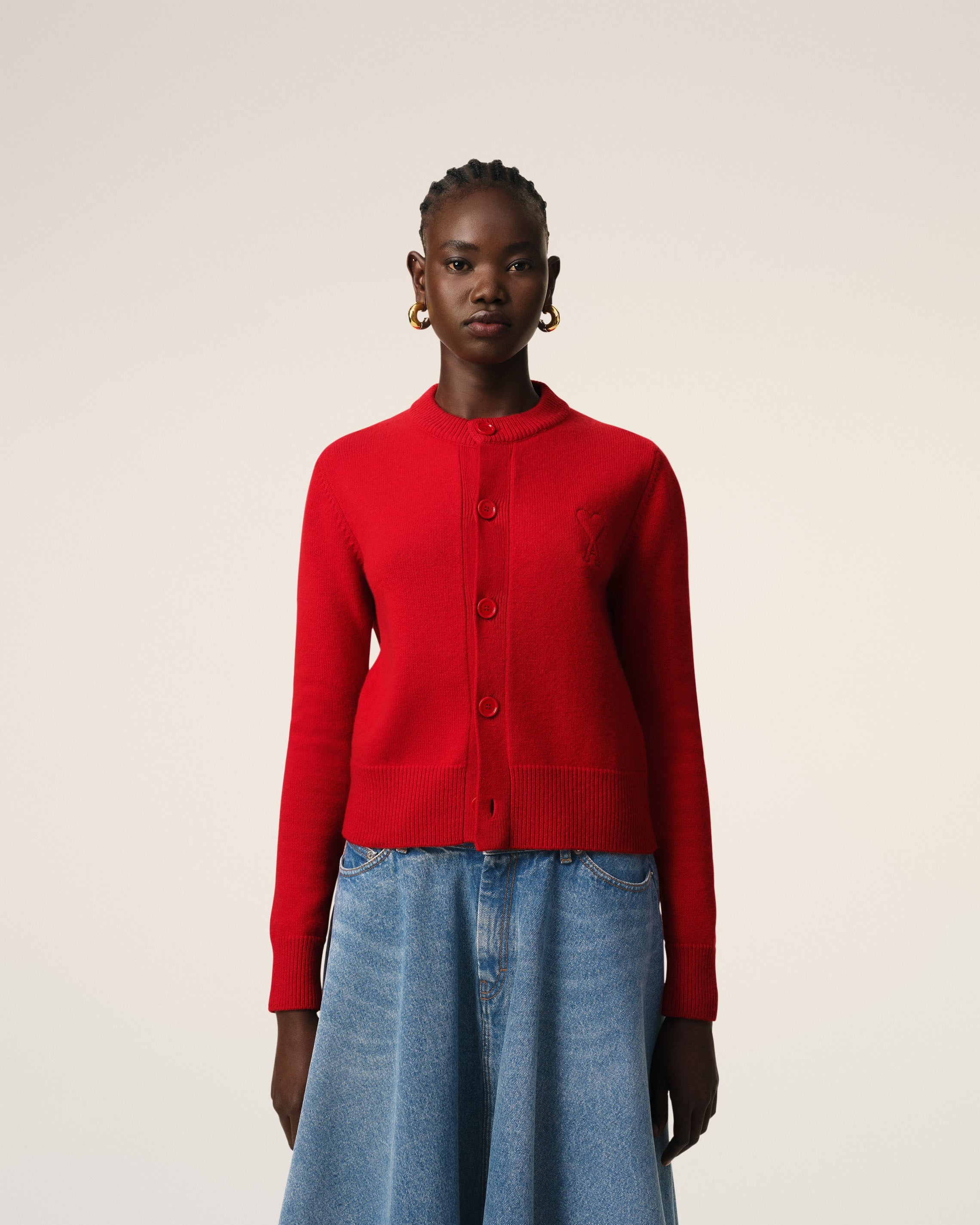 RED WOOL KNIT AMI DE COEUR CREWNECK CARDIGAN - 3