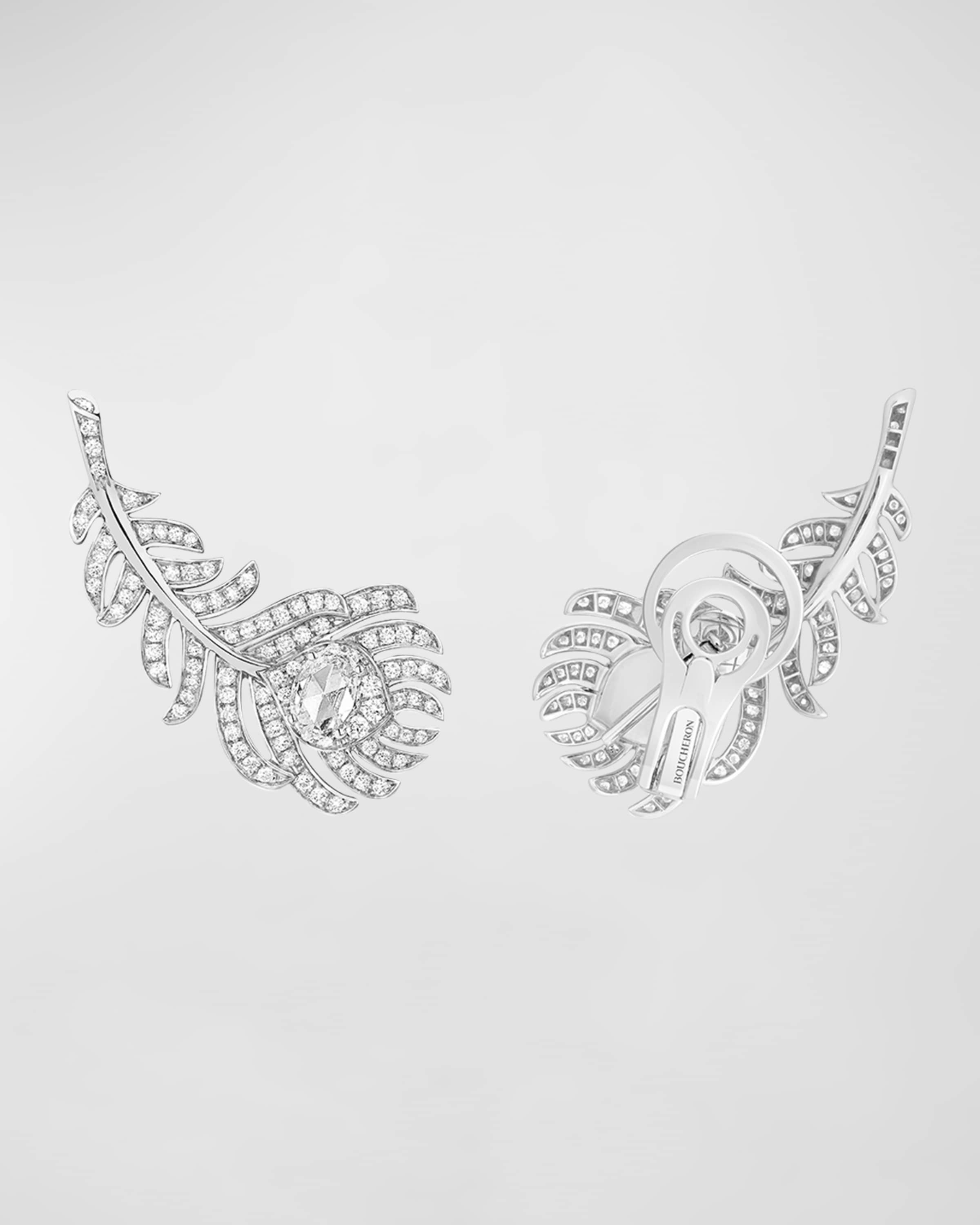 Plume de Paon White Gold Diamond Omega Clip Earrings - 4