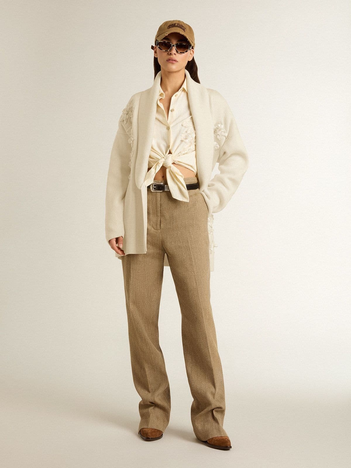 Women's cream-colored cotton cardigan with floral embroidery - 3