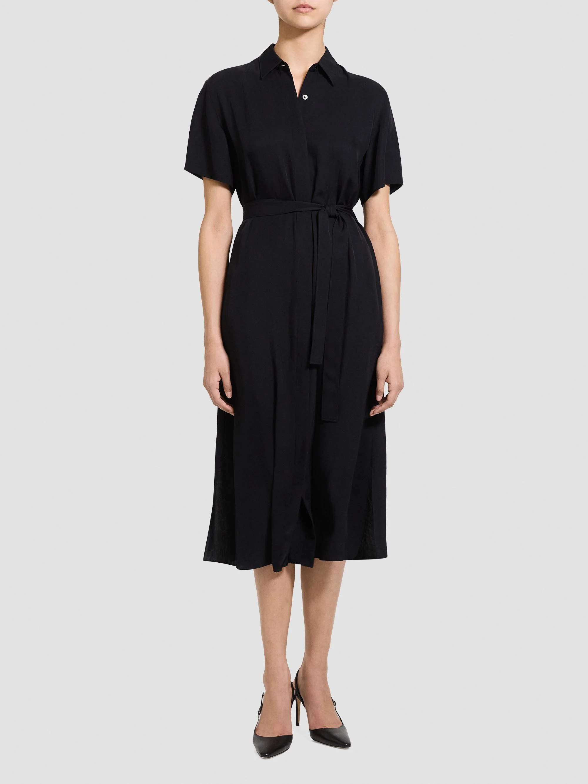 Women's Belted Twill Midi Shirtdress - Black - 1