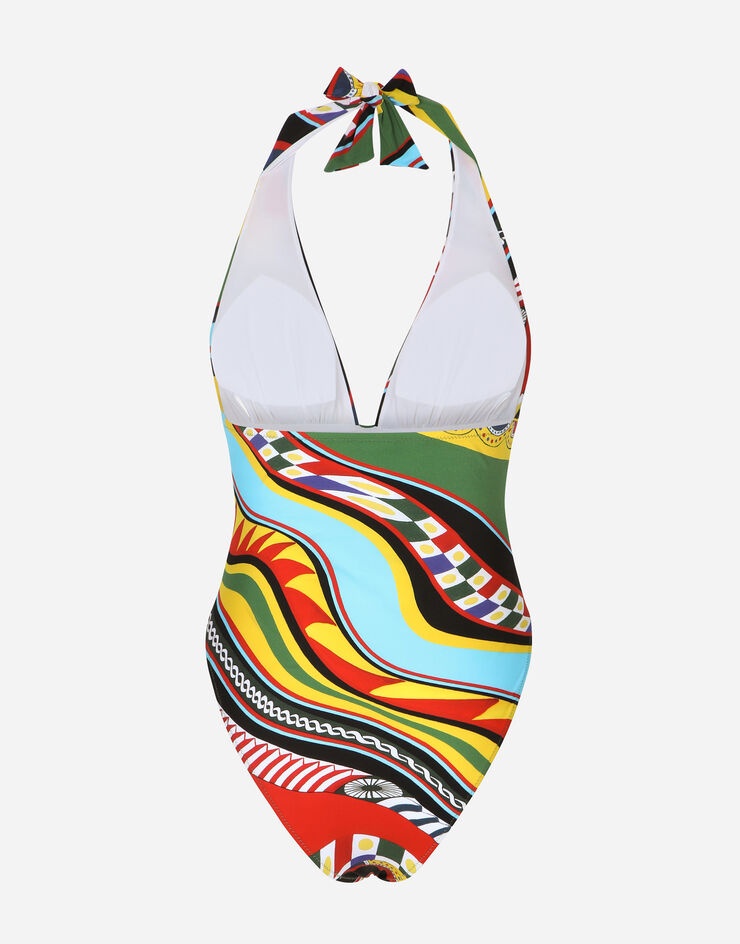 Carretto-print one-piece swimsuit with plunging neckline - 2