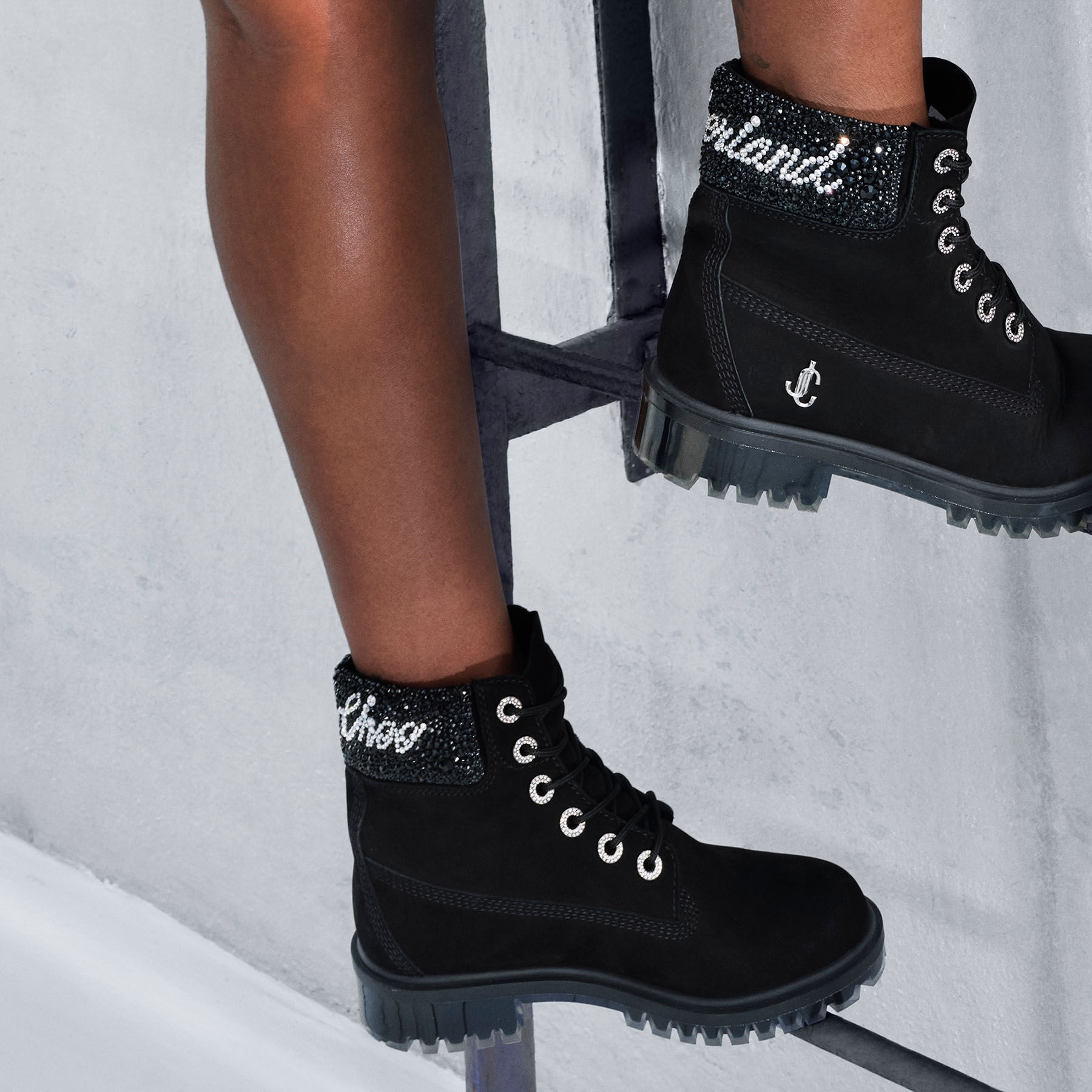JIMMY CHOO X TIMBERLAND 6 INCH CRYSTAL CUFF BOOT
Black Timberland Nubuck Ankle Boots with Crystal Lo - 7