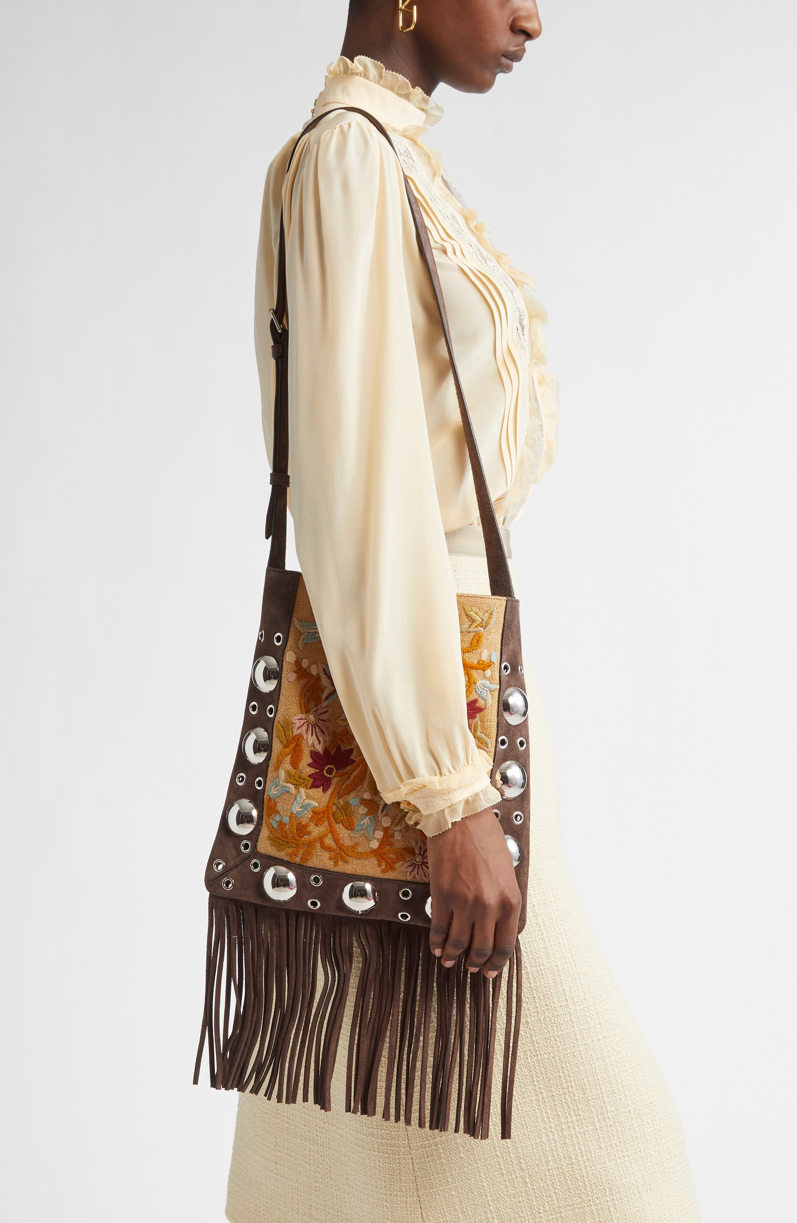 Valentino Garavani Small Nellcôte Fringe Stud Embroidered Crossbody Bag in Brown/Black at Nordstrom - 4