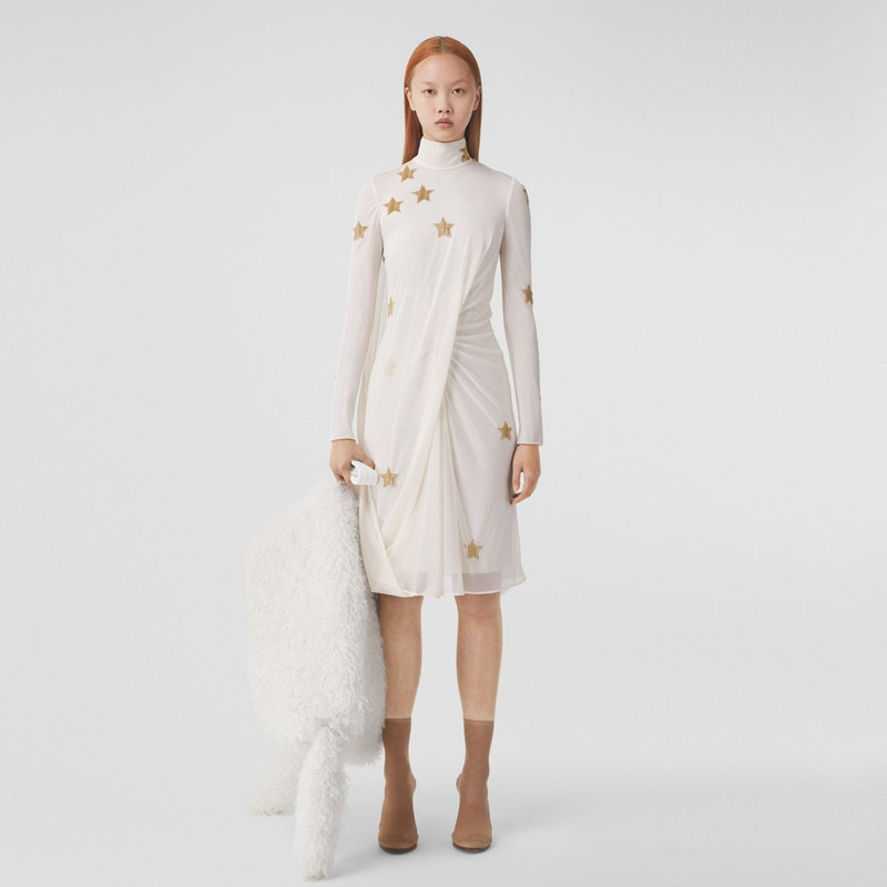 Burberry Long-sleeve Star Motif Gathered Silk Viscose Dress outlook