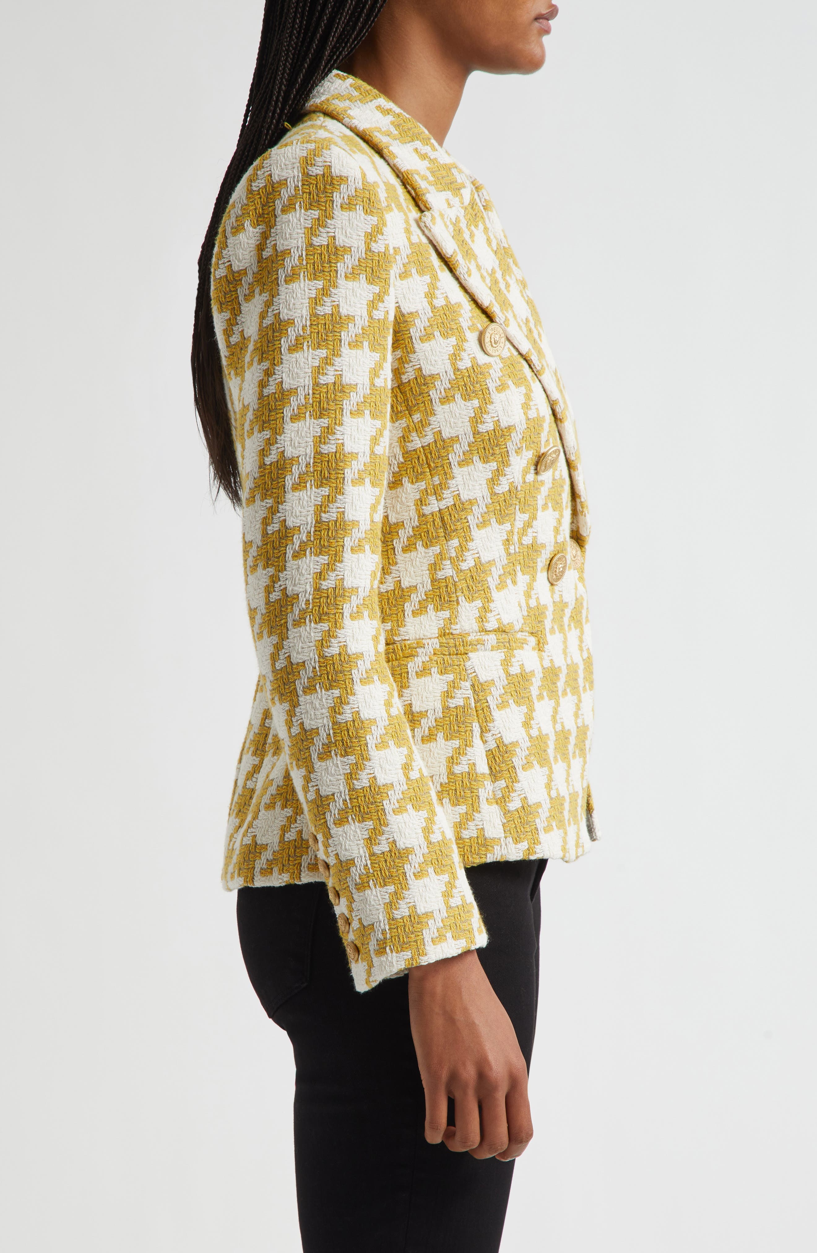 L'AGENCE Marie Houndstooth Tweed Double Breasted Blazer in Ceylon Yellow Houndstooth at Nordstrom - 4