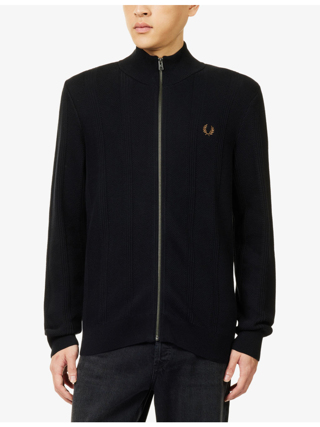 Logo-Embroidery Textured Zip Cotton Knitted Cardigan - 3