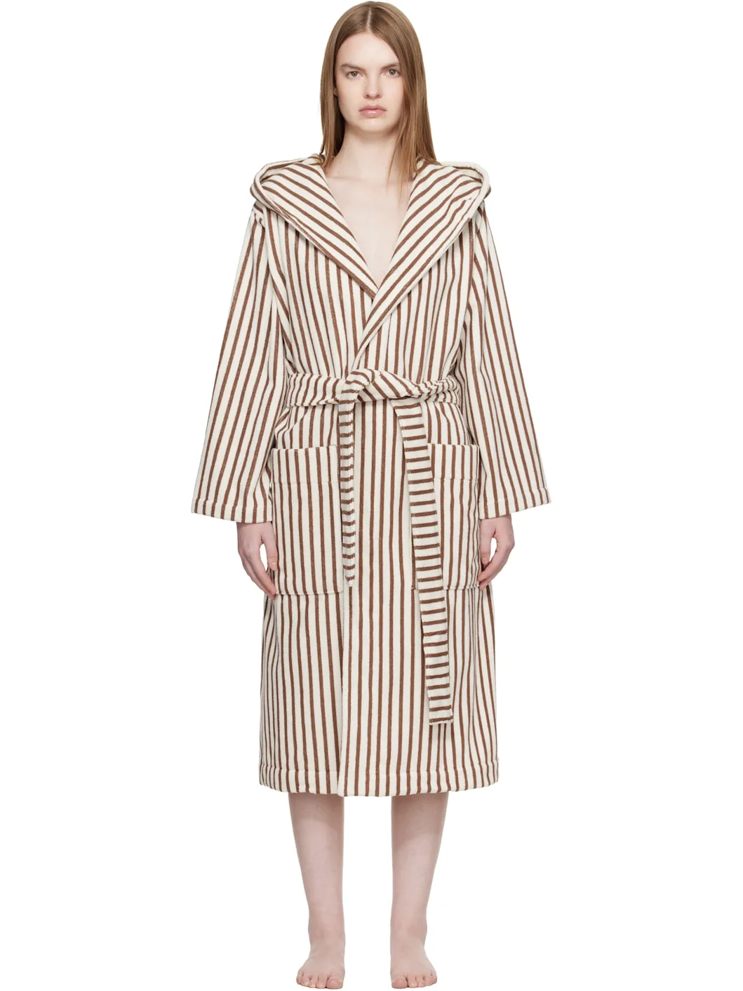 Off White & Brown Terry Hooded Bathrobe - 1