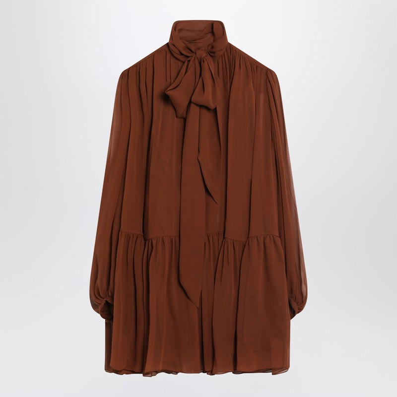 Saint Laurent Rust-Colored Lavallière Silk Dress Women - 1