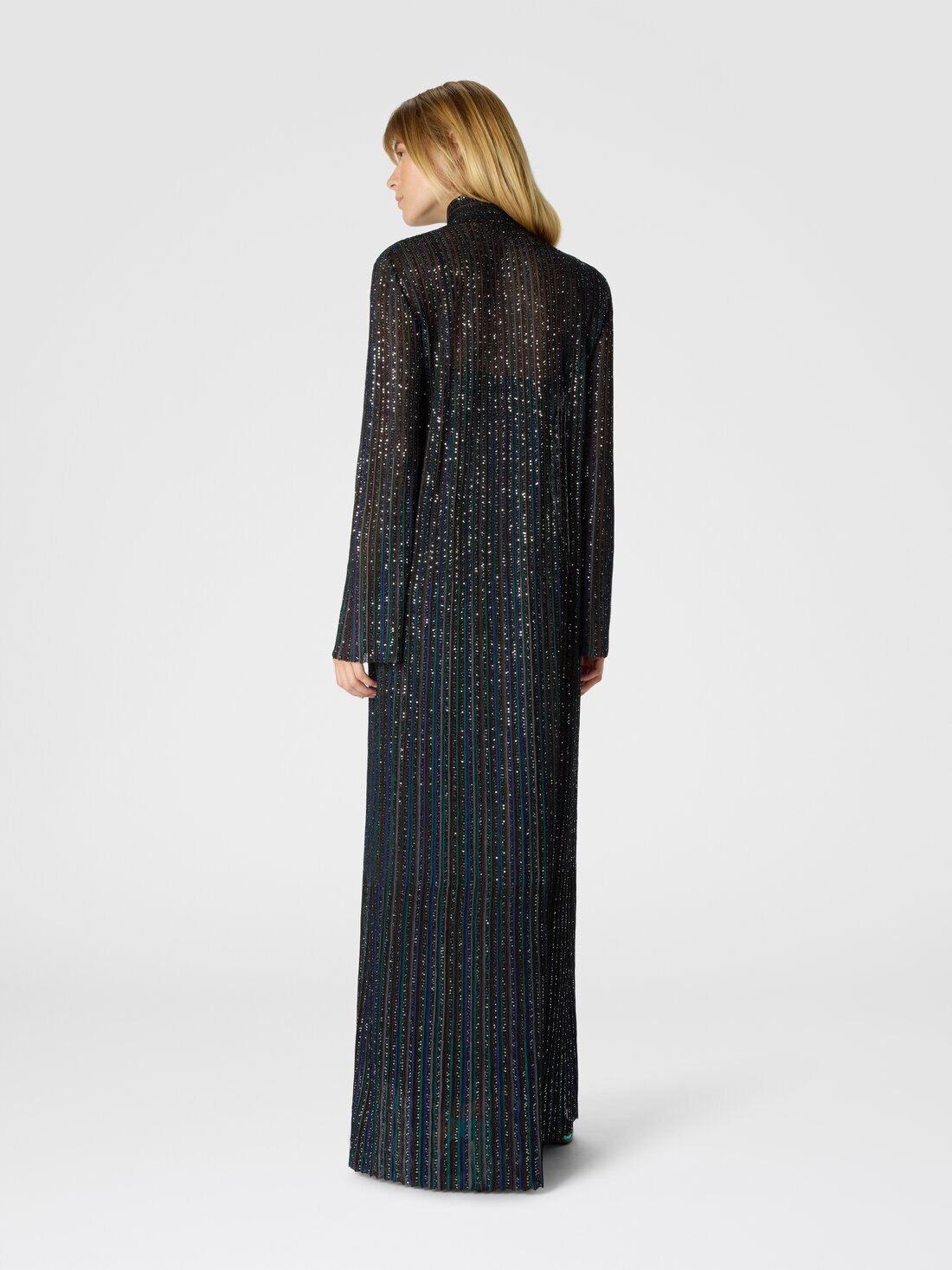 Long Button-Down Dress with Lamé Stripes and Long Sleeves - 3