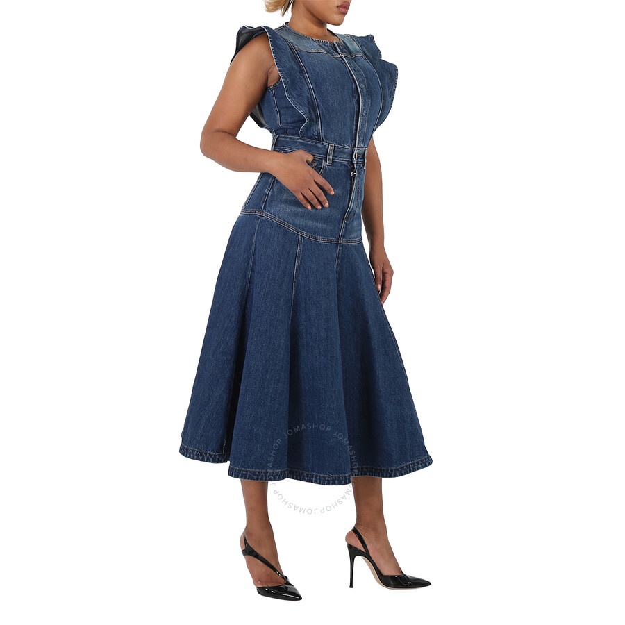 Chloe Ladies Dusky Blue Ruffled Pleated Denim Dress - 6