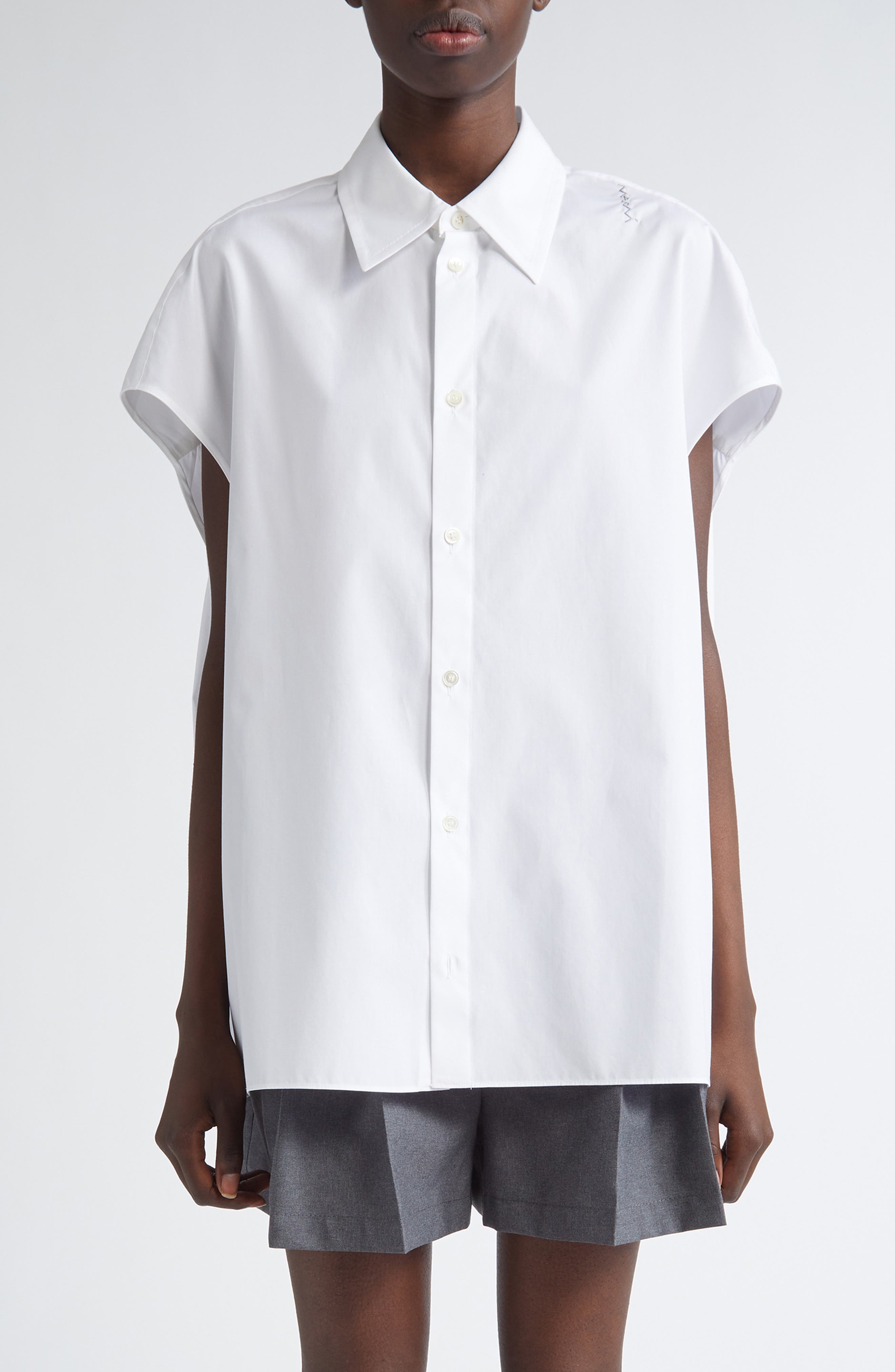 Marni Embroidered Logo Sleeveless Cotton Poplin Cocoon Shirt in Lily/White at Nordstrom - 1