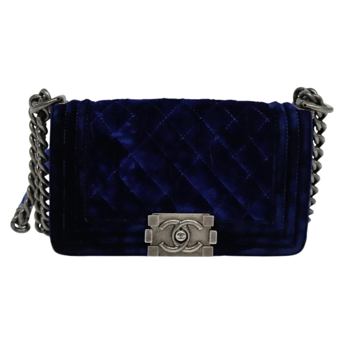 CHANEL Matelasse Chain Boy CHANEL Shoulder Bag Velor Blue CC - 13