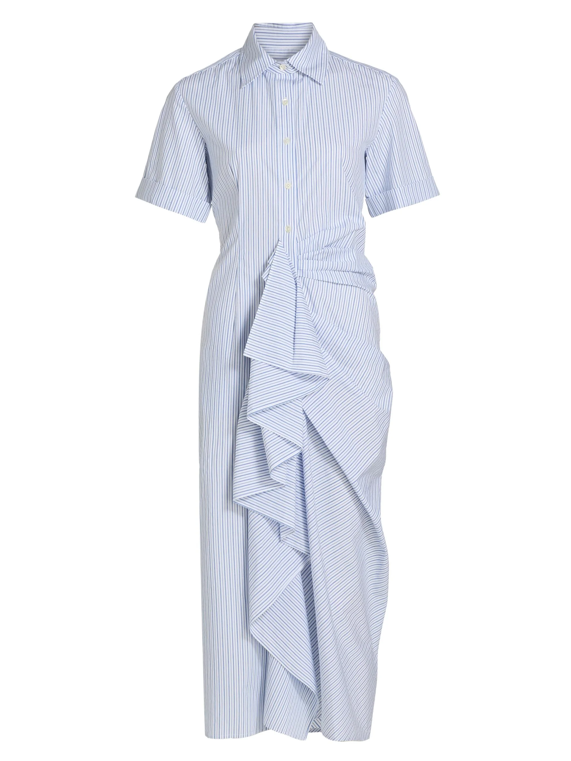 Women's Gathered Ruffle Cotton Poplin Shirtdress - Blue Stripe - 1