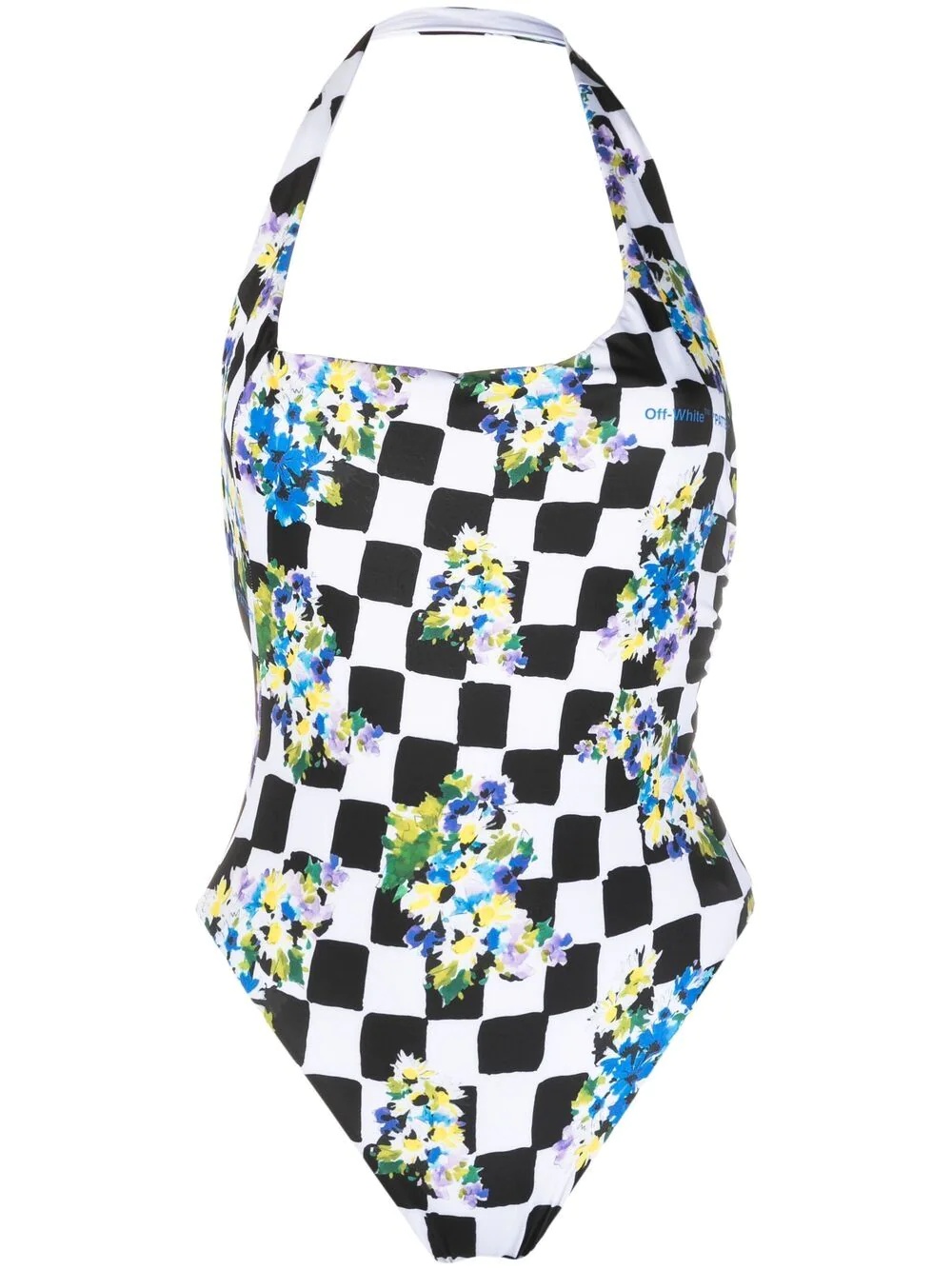 one-shoulder diamond check print swimsuit - 1