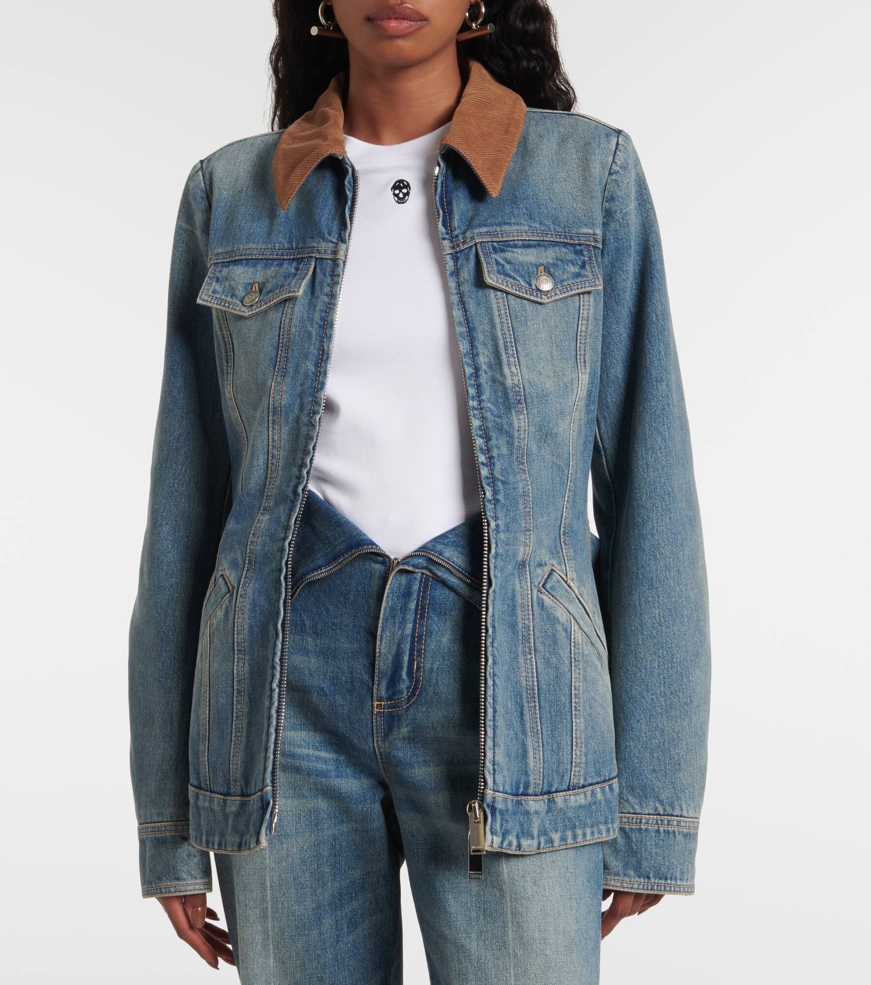 Peplum corduroy-trimmed denim jacket - 7