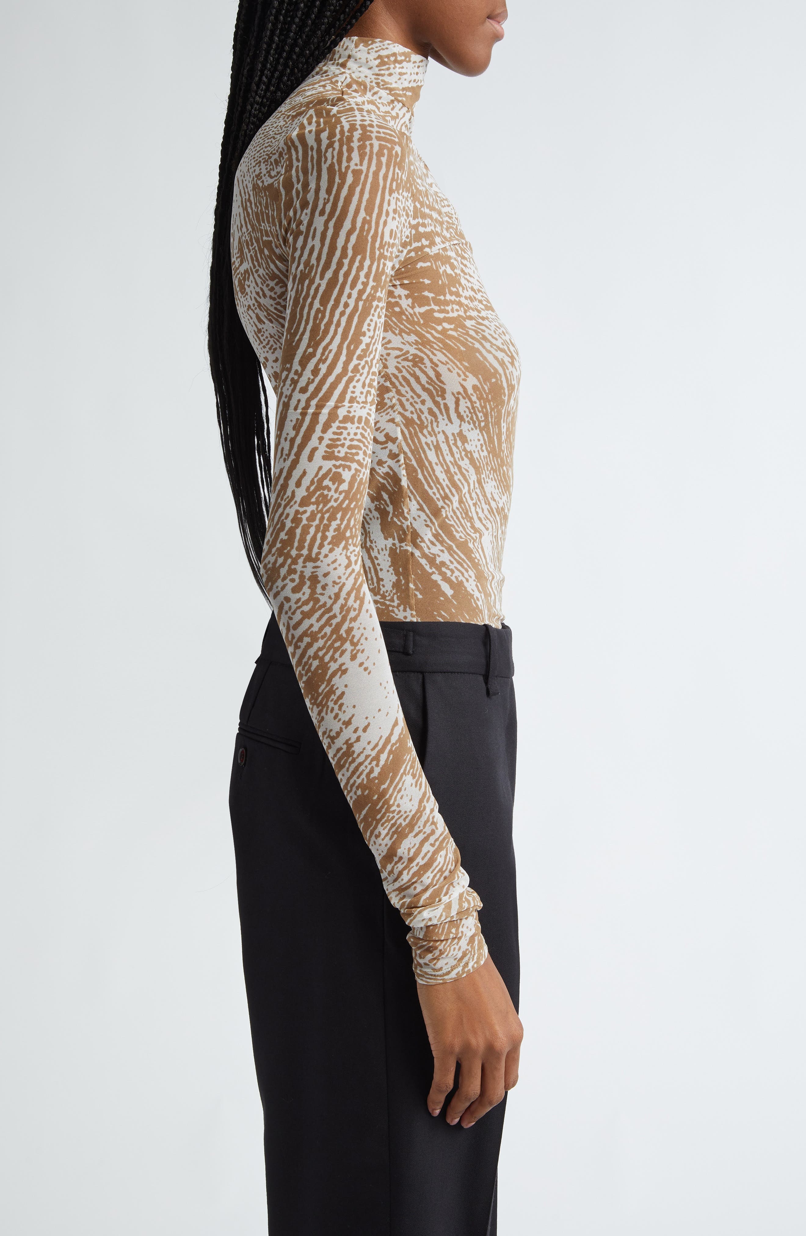 Proenza Schouler Rio Mock Neck Long Sleeve Tulle Top in Wood at Nordstrom - 4