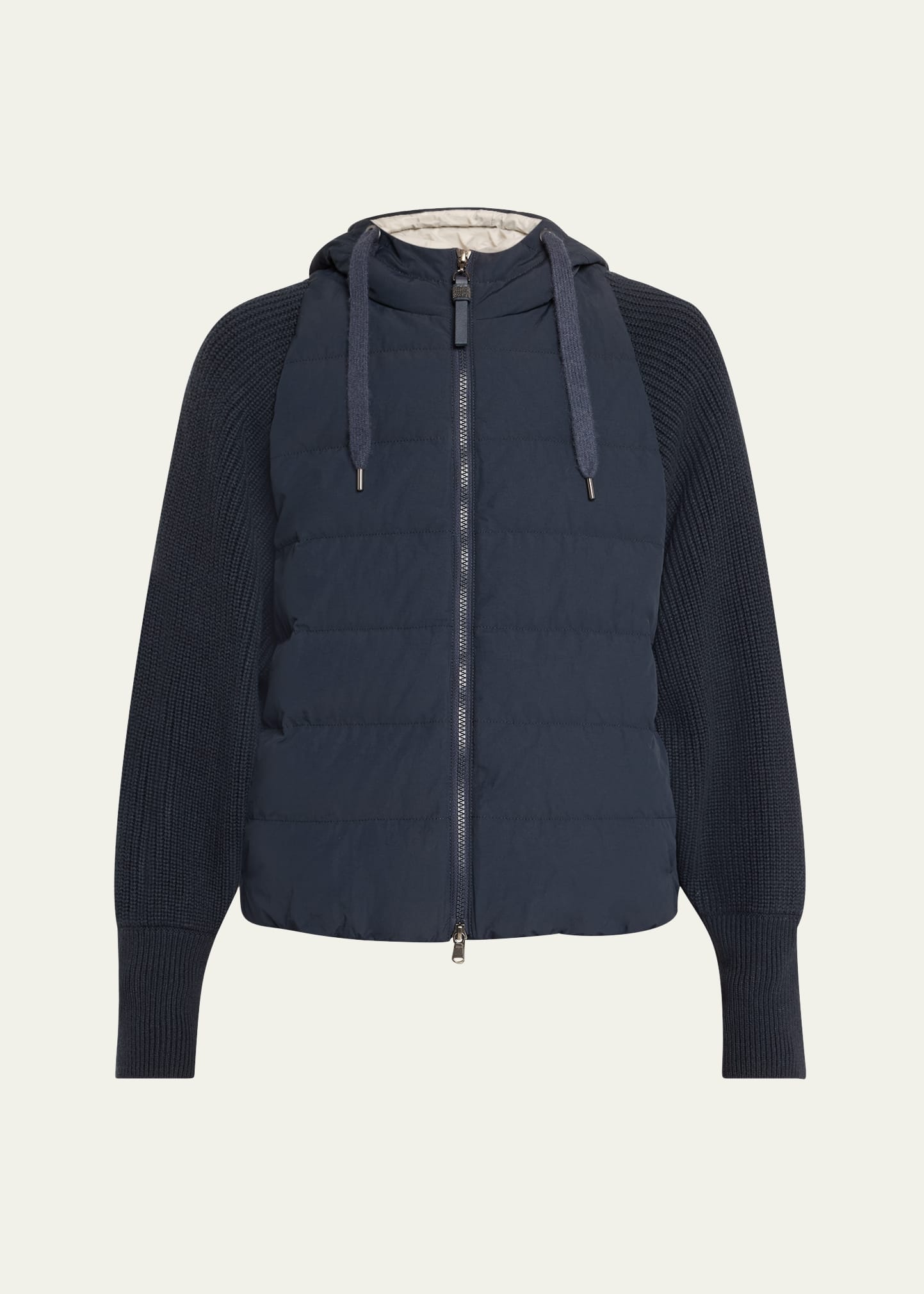 Techno Crinkled Cotton Down Jacket W Ribbed Sleeves - 1