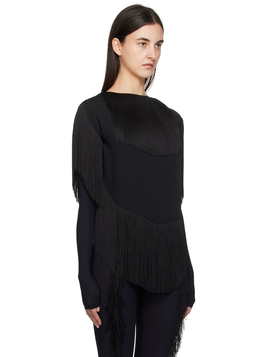 Black Fluid Polyester Fringe Blouse - 2