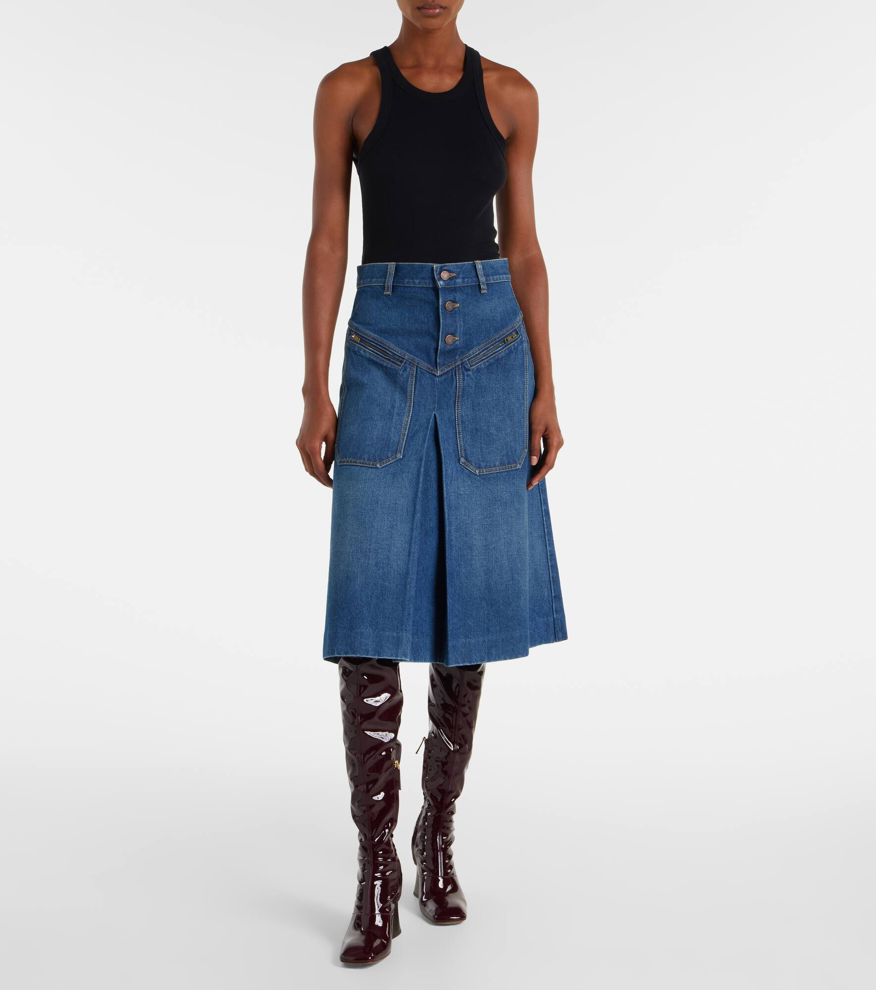 Pleated denim midi skirt - 6