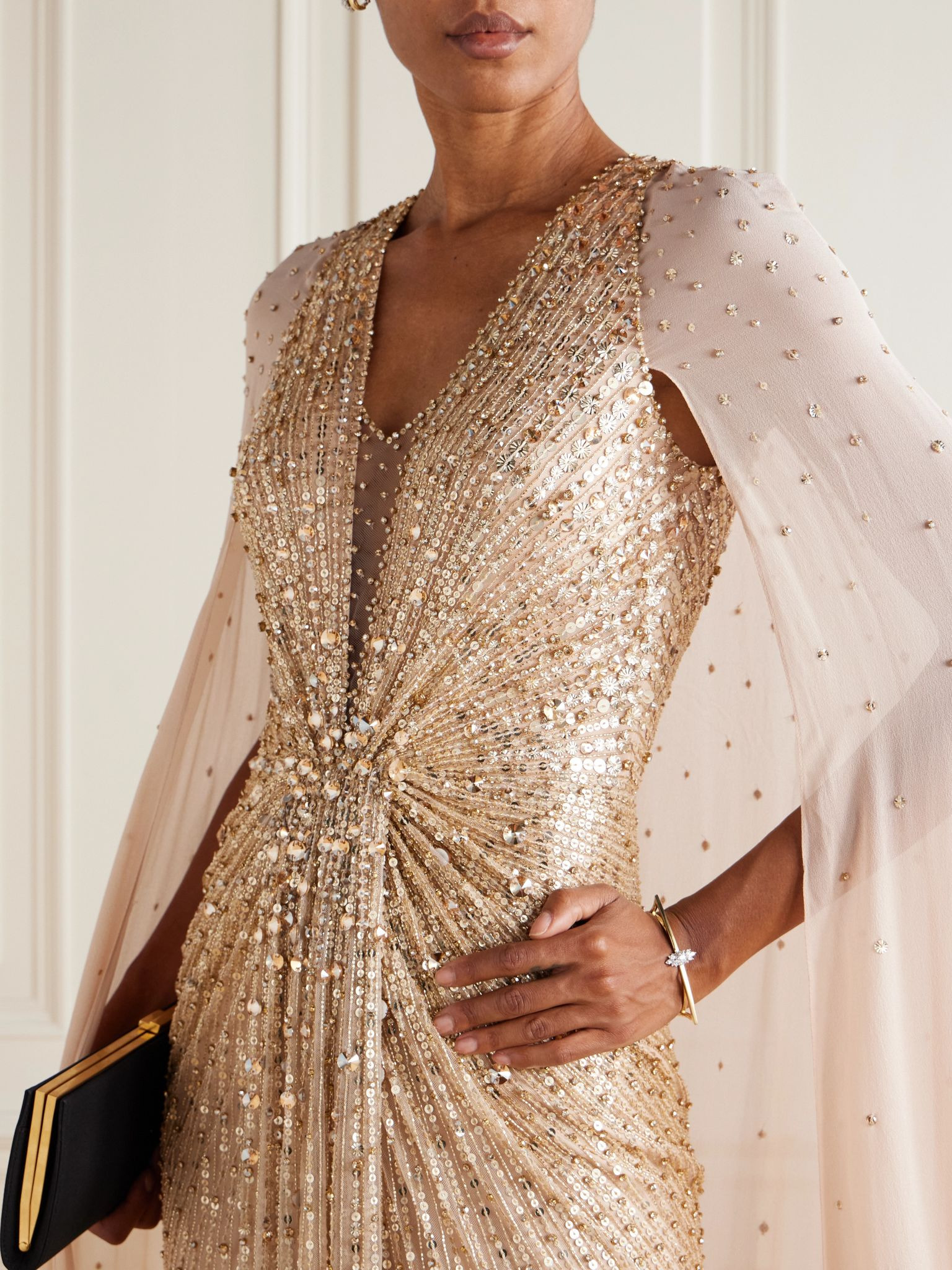 Zenith cape-effect embellished sequined chiffon gown Gold - 5