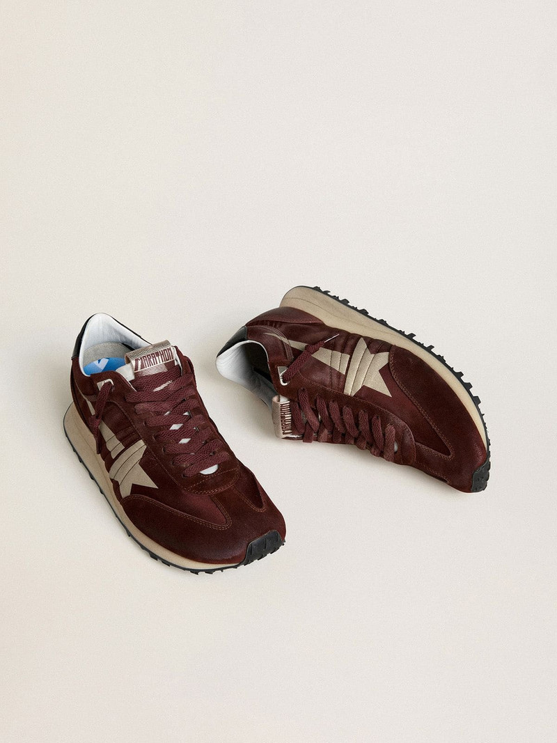 Golden Goose Men's Marathon with burgundy satin upper and platinum leather star outlook
