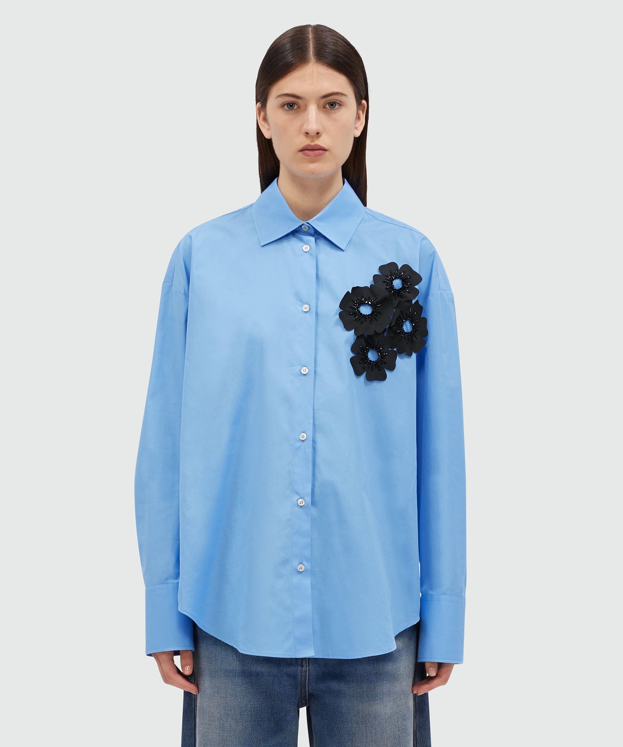 Light blue poplin shirt with floral applications - 2