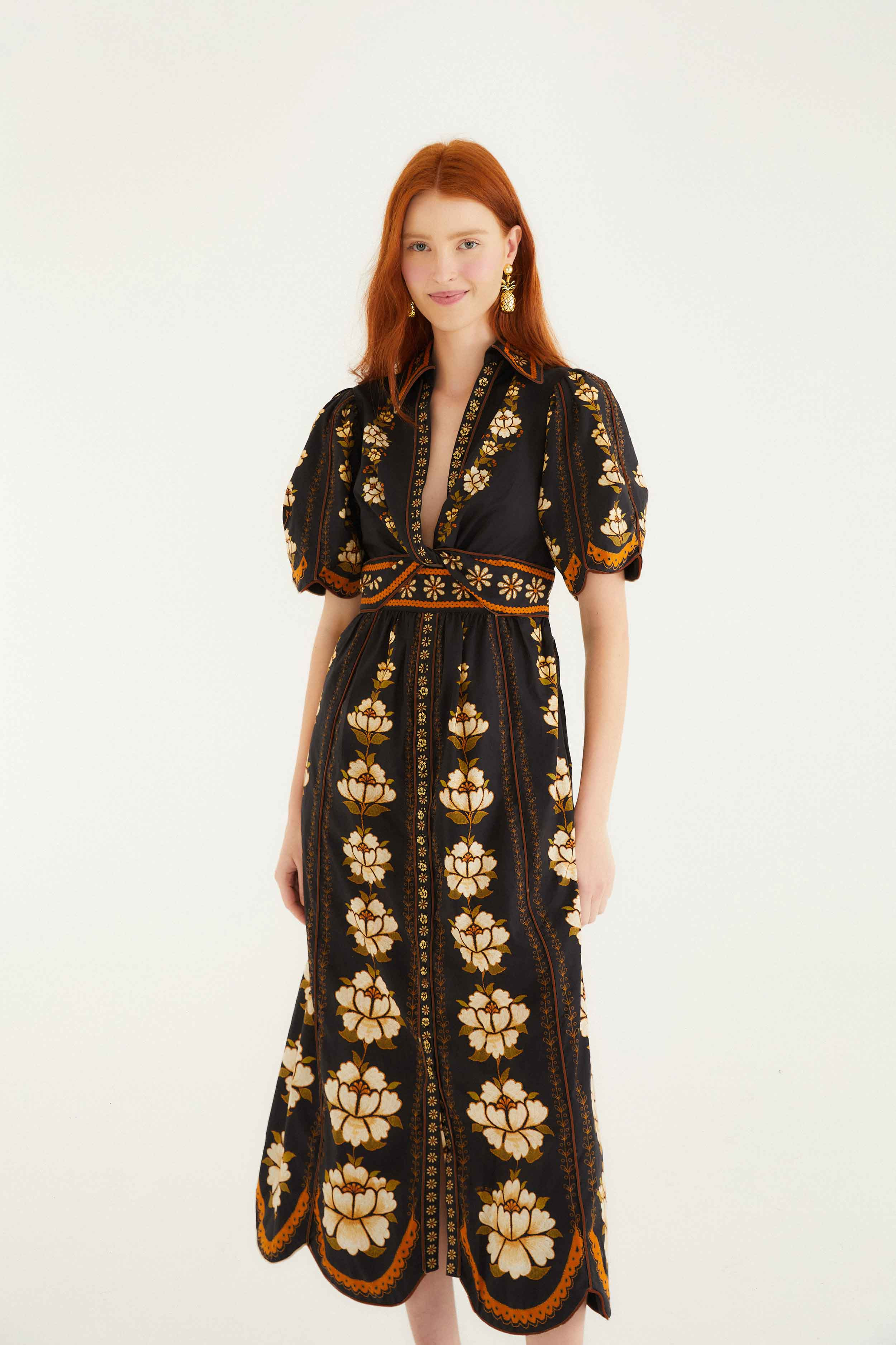 Black Embroidered Flowers Organic Cotton Midi Dress - 3