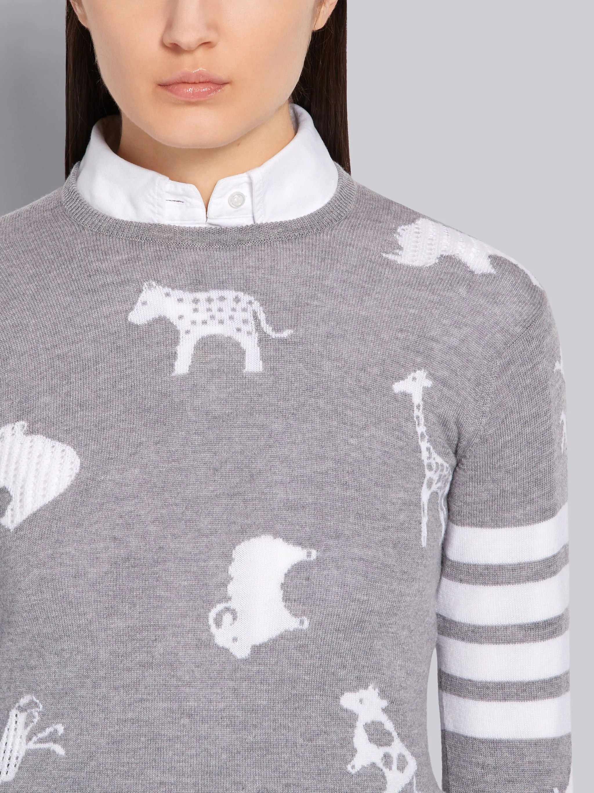 Light Grey Fine Merino Wool Animal Icon Crewneck 4-Bar Pullover - 5