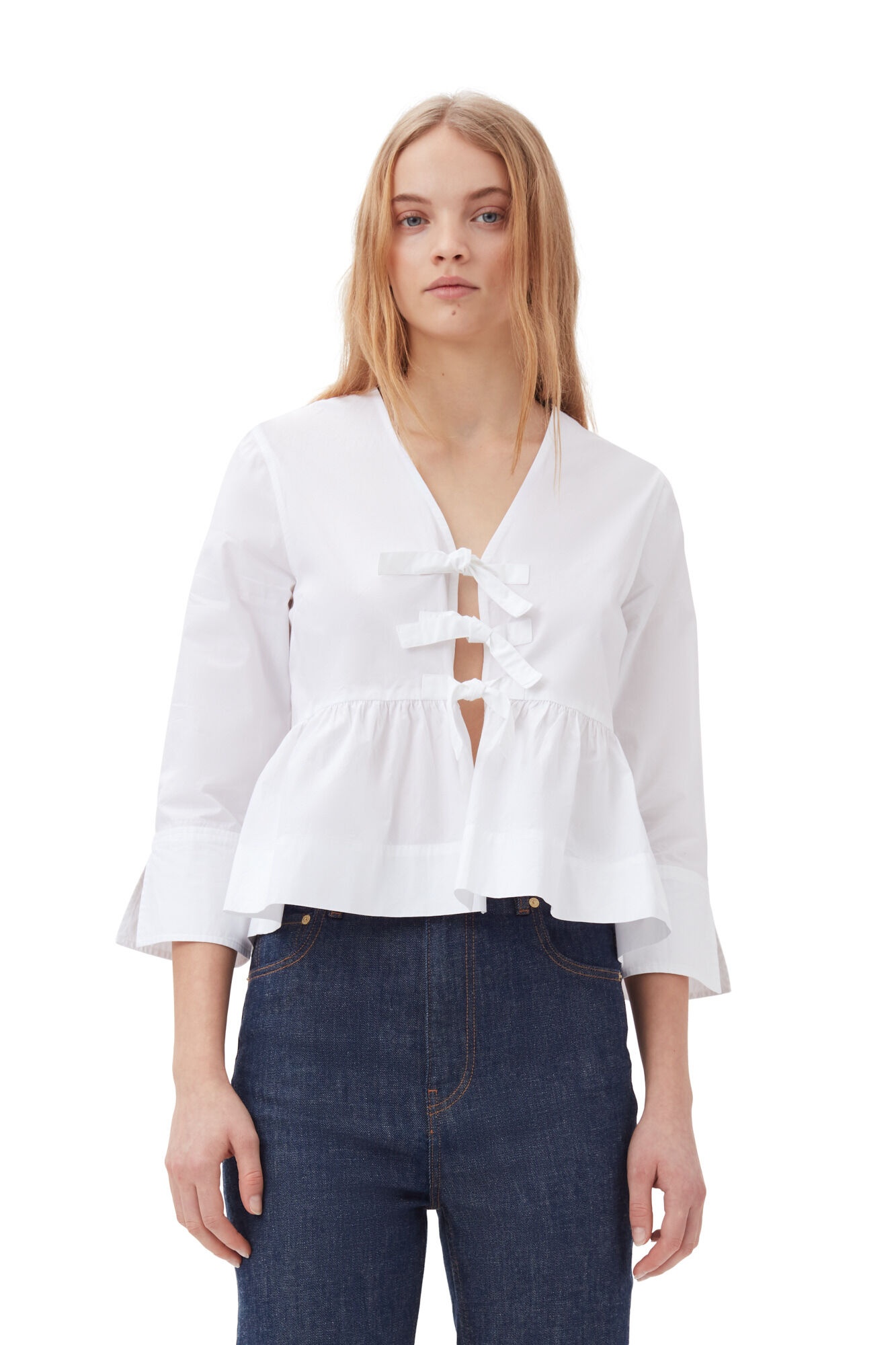 WHITE COTTON POPLIN TIE STRING PEPLUM BLOUSE - 2