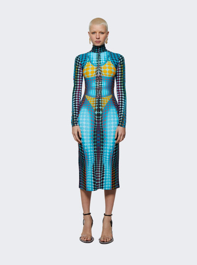 Jean Paul Gaultier Cyber High Neck Long Dress With Long Sleeves And Center Front Zip Blue, Purple And Yellow outlook