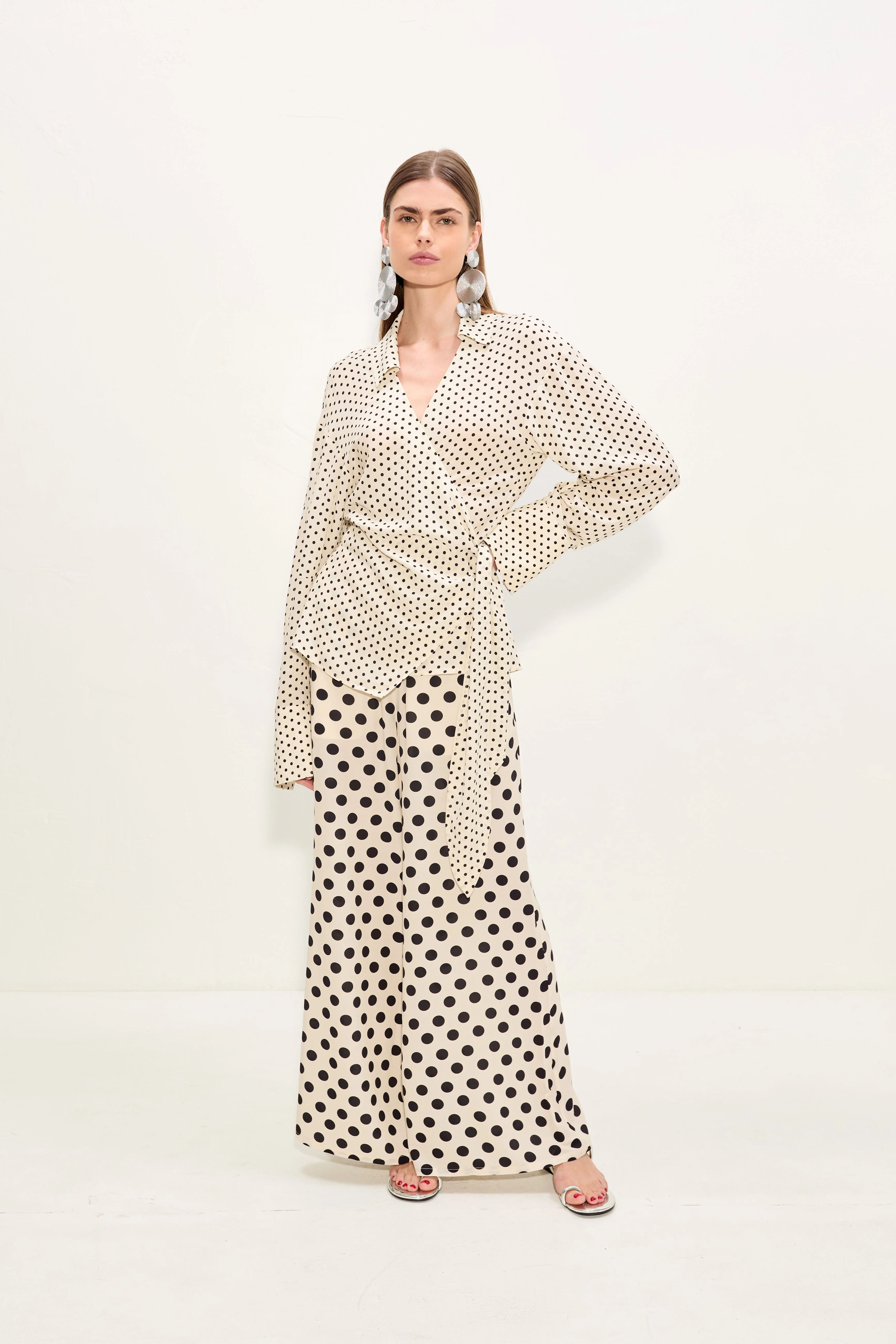 Anya Crepe Wrap Top In Macadamia/Black Polka Dot - 1