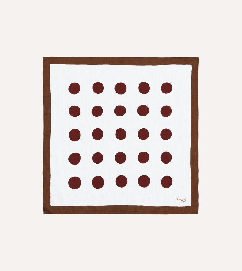 Brown, Ecru and Red Large Spots Print Cotton-Silk Pocket Square 1