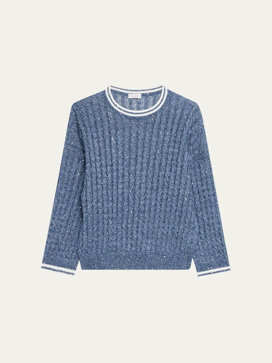 Linen Dazzling Cable Openwork Knit Crewneck Sweater - 1