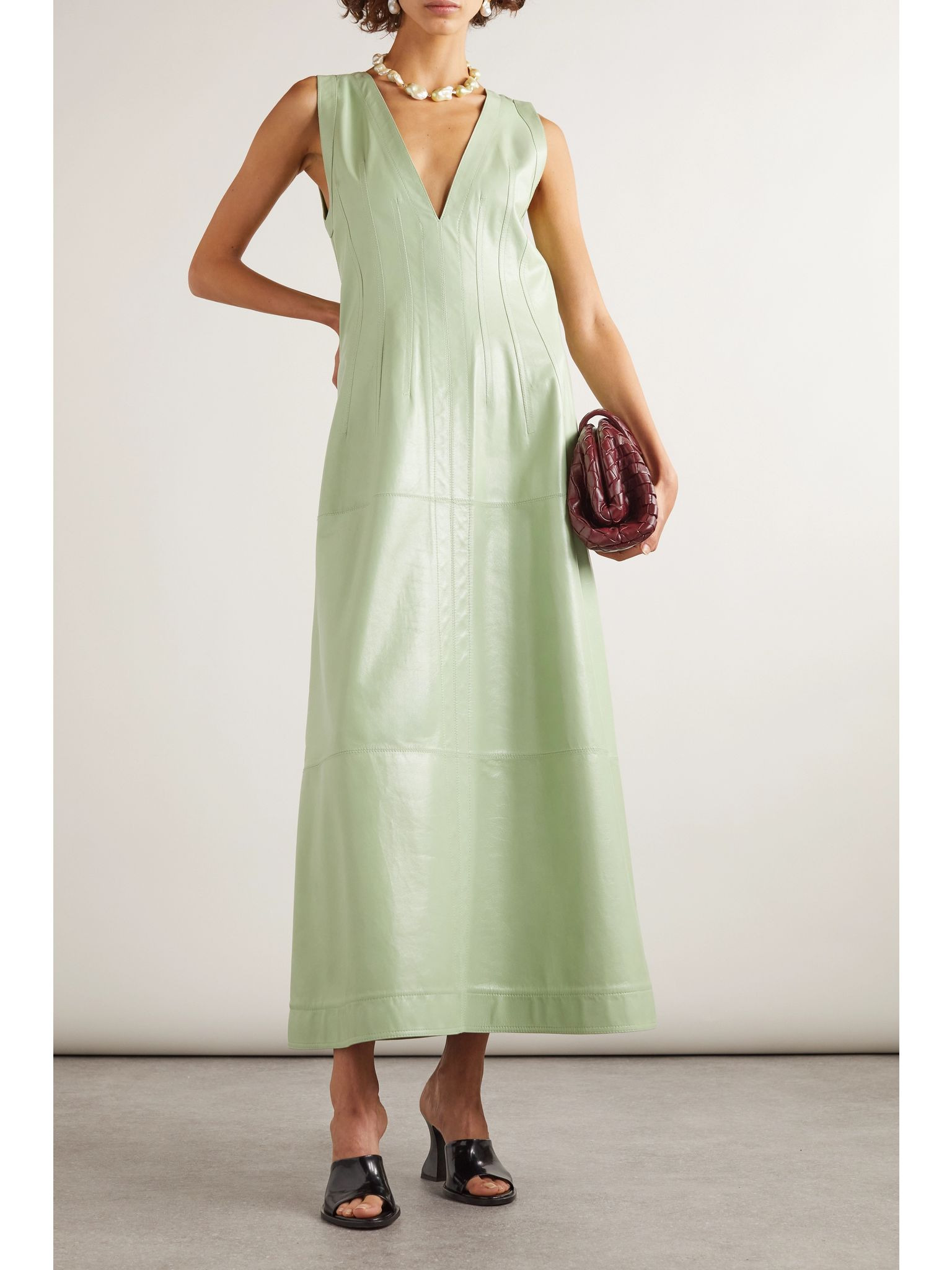 Tasseled leather maxi dress Mint - 2