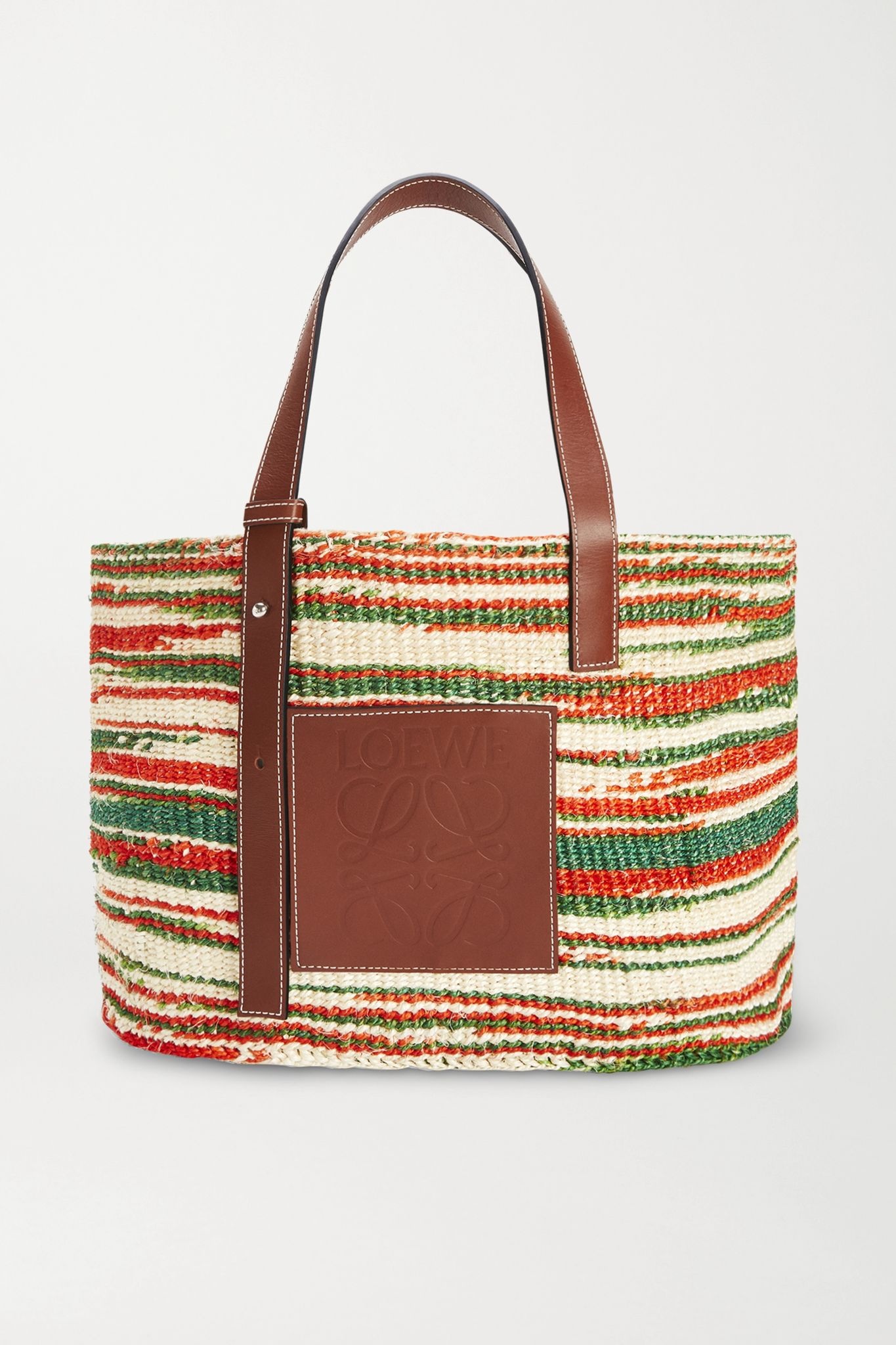 + Paula's Ibiza medium leather-trimmed striped woven raffia tote - 1