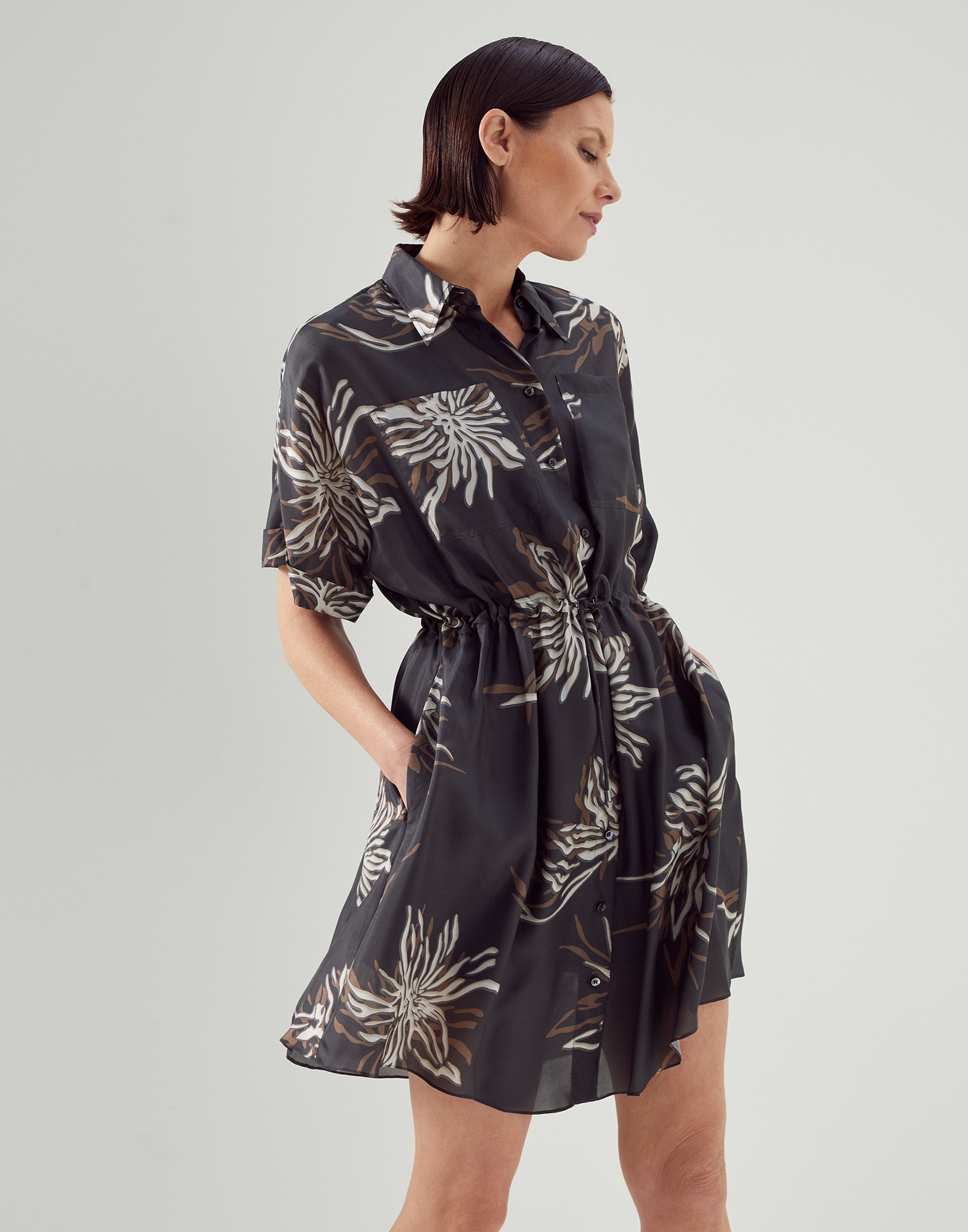 Silk marine flower pongée shirt dress with monili - 1