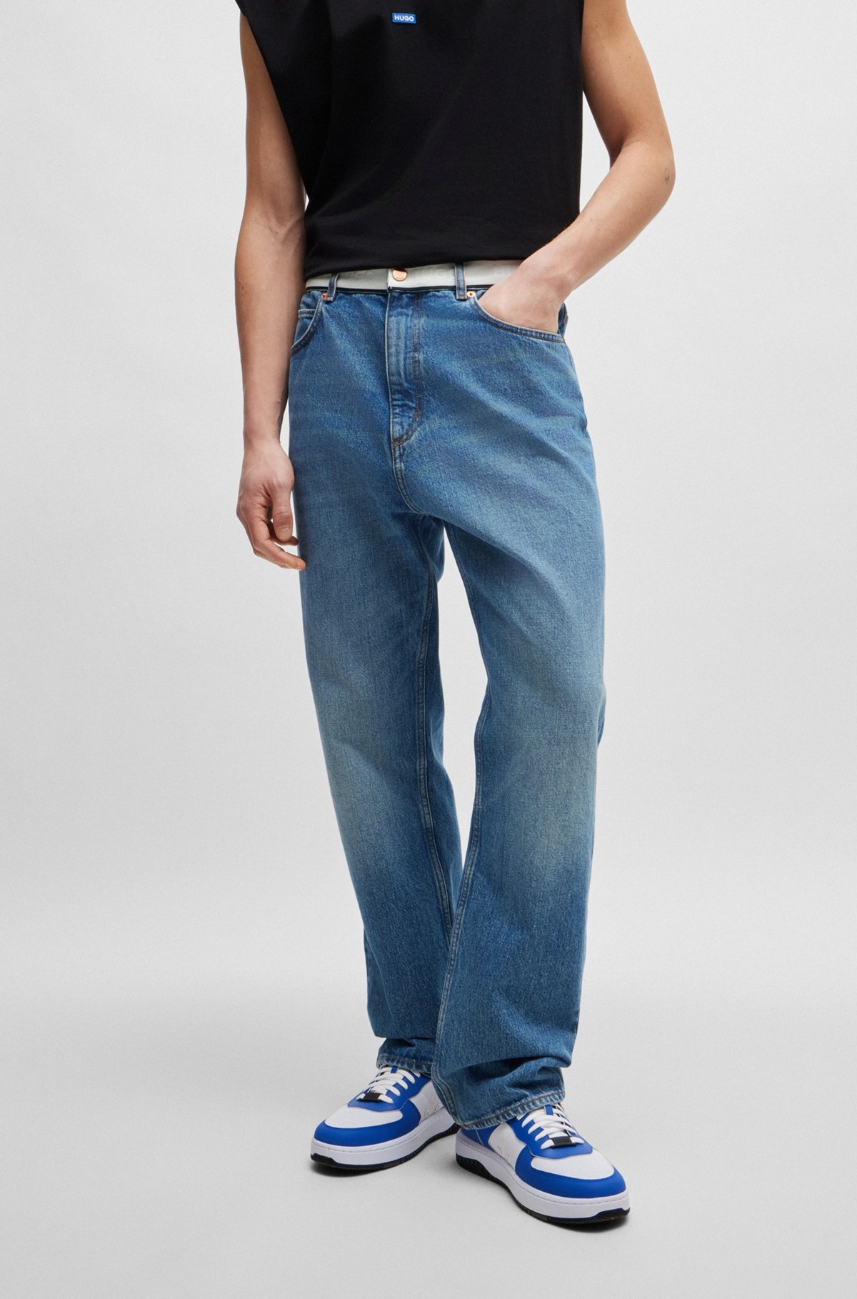 MID-BLUE DENIM JEANS WITH LOGO-TAPE WAIST - 2
