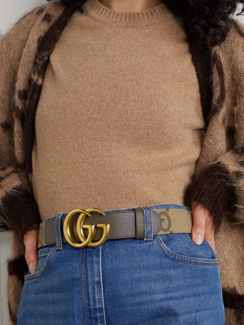 Leather-trimmed canvas-jacquard belt 2