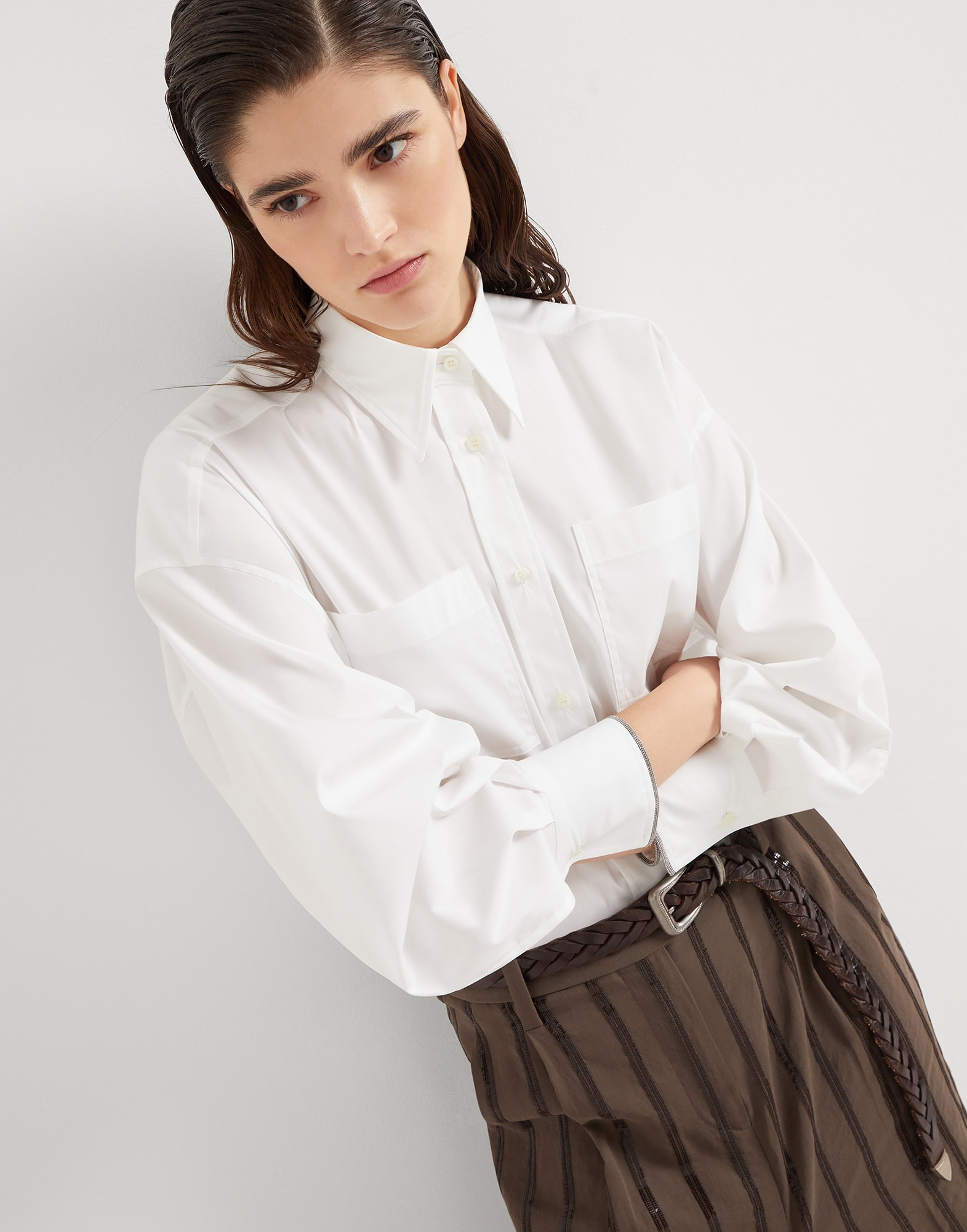 Stretch cotton poplin shirt with shiny cuffs - 4