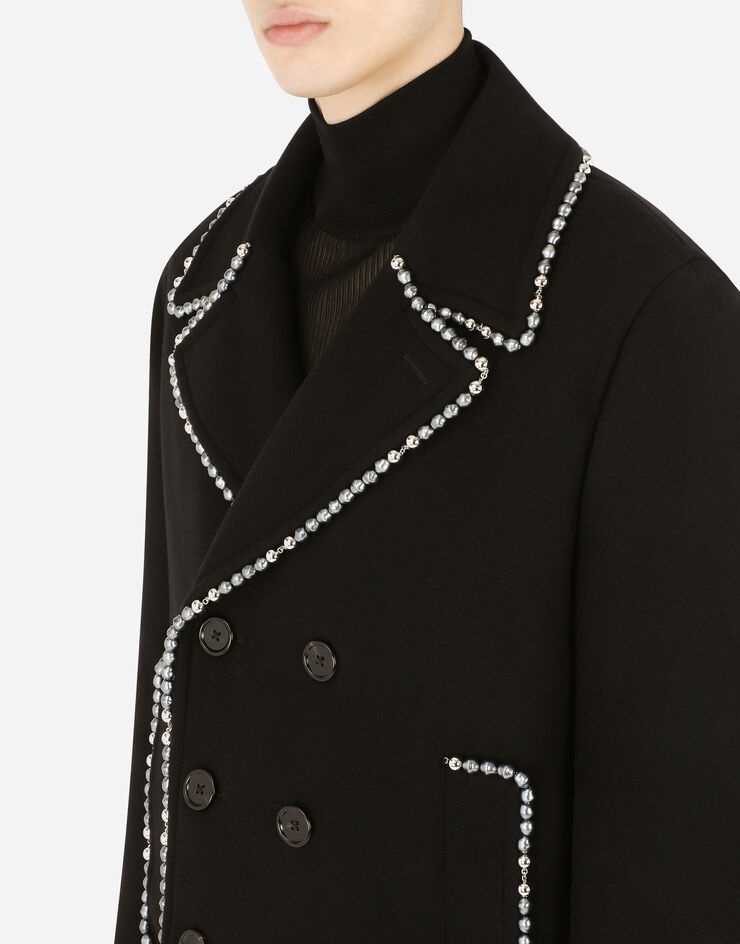 Double-breasted wool peacoat with pearl chain detailing - 5