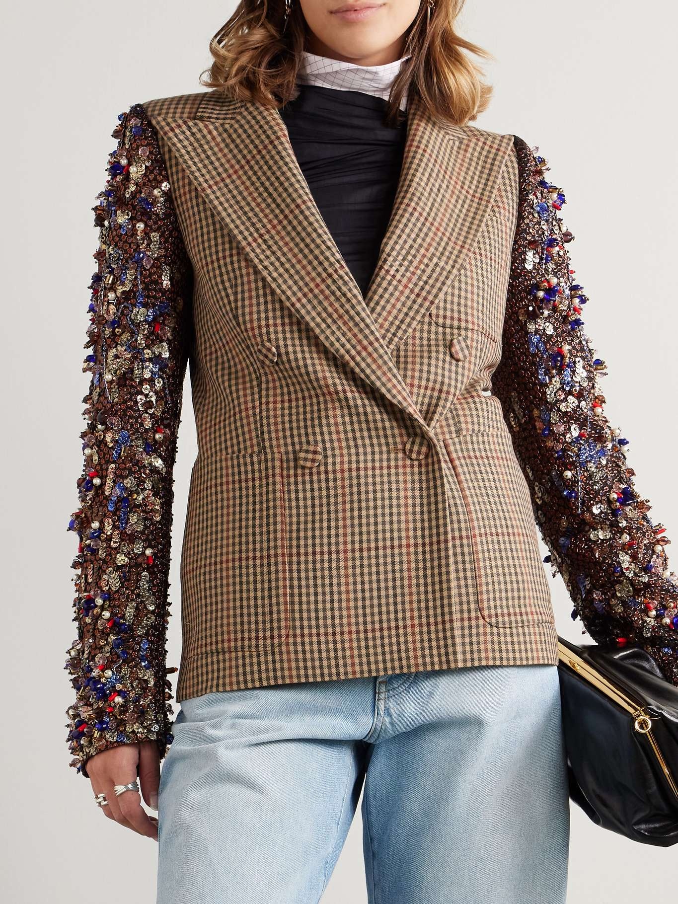 Embellished metallic jacquard-crepon and checked wool double-breasted jacket - 3