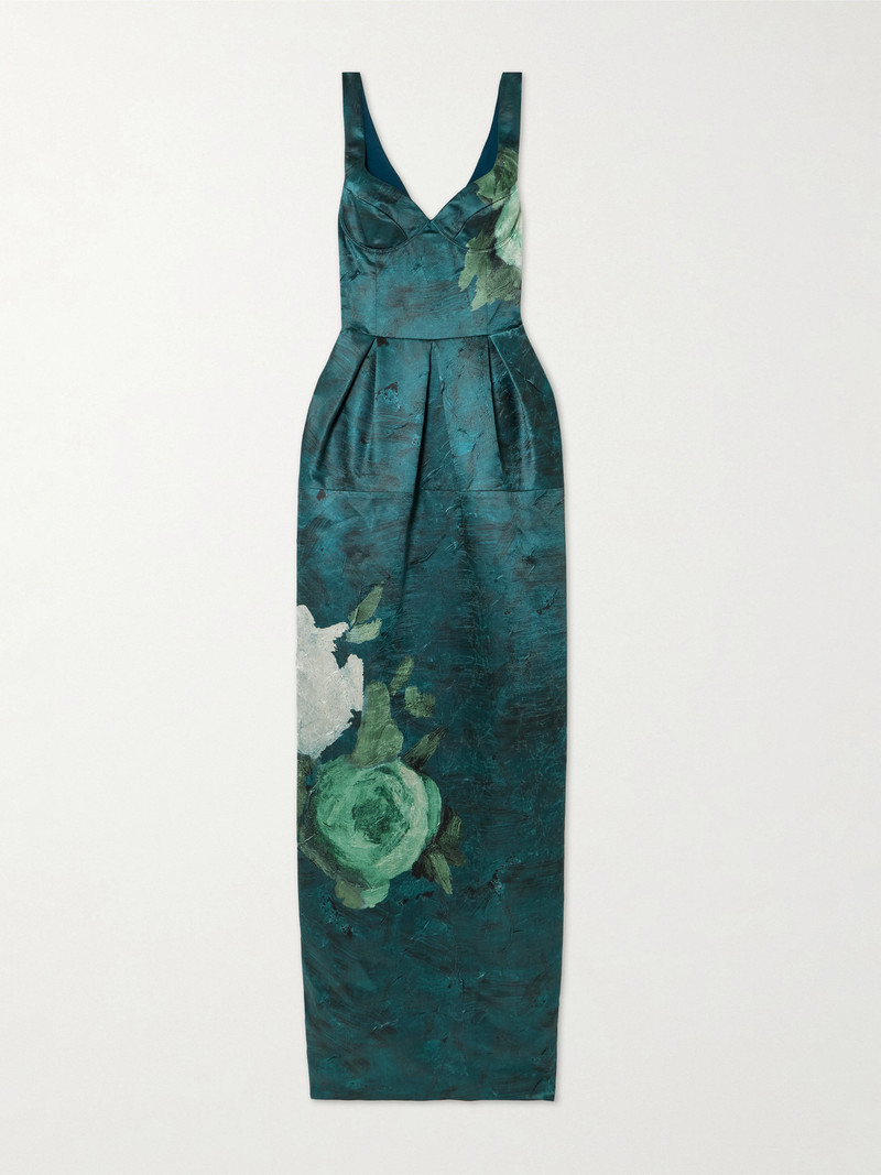 Pleated Floral-print Crinkled-satin Gown 1