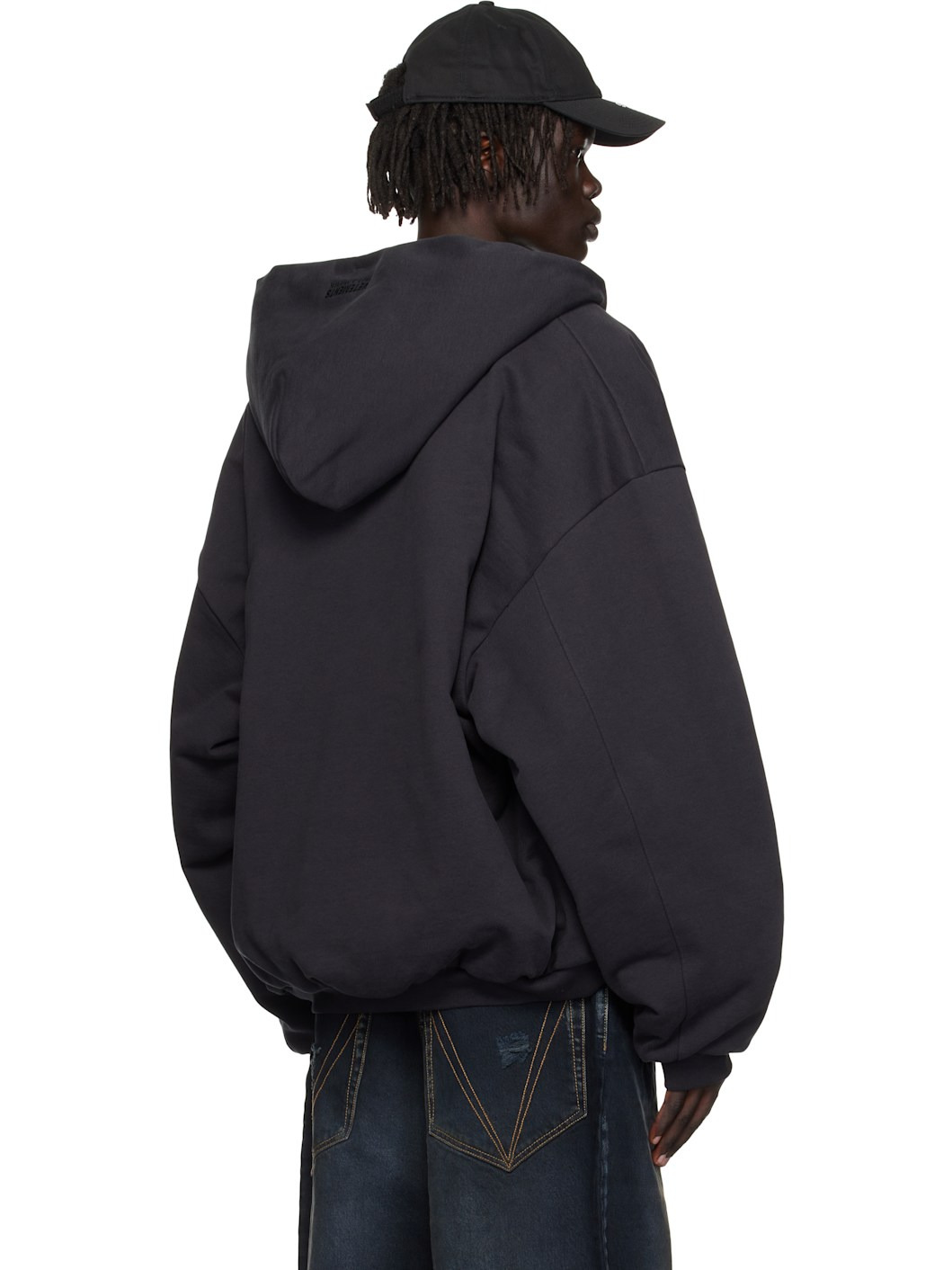 Black Puffed Oversized Zip-Up Hoodie - 3