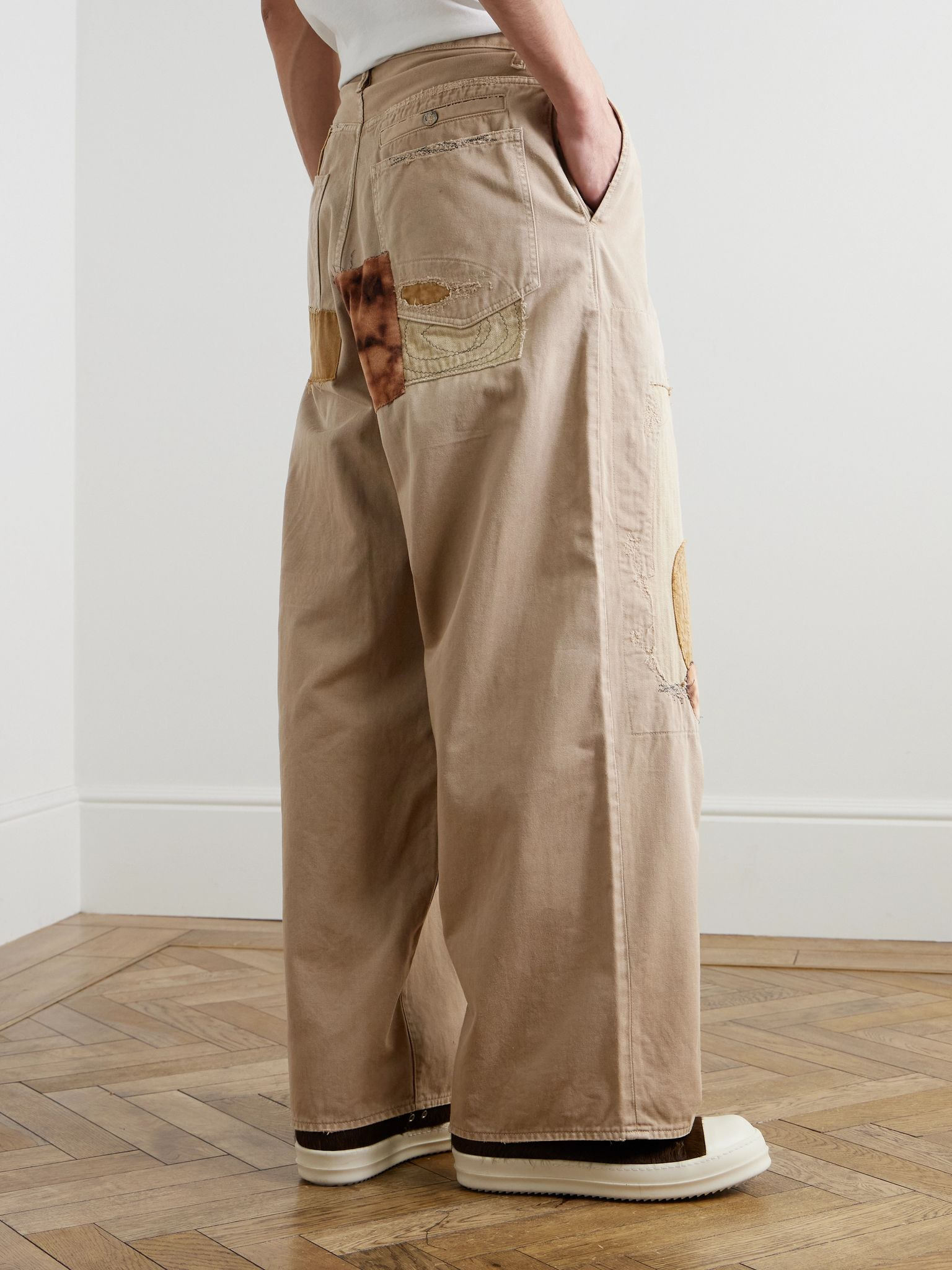 Katsuragi Port Straight-Leg Patchwork Distressed Cotton-Twill Trousers Neutral - 4