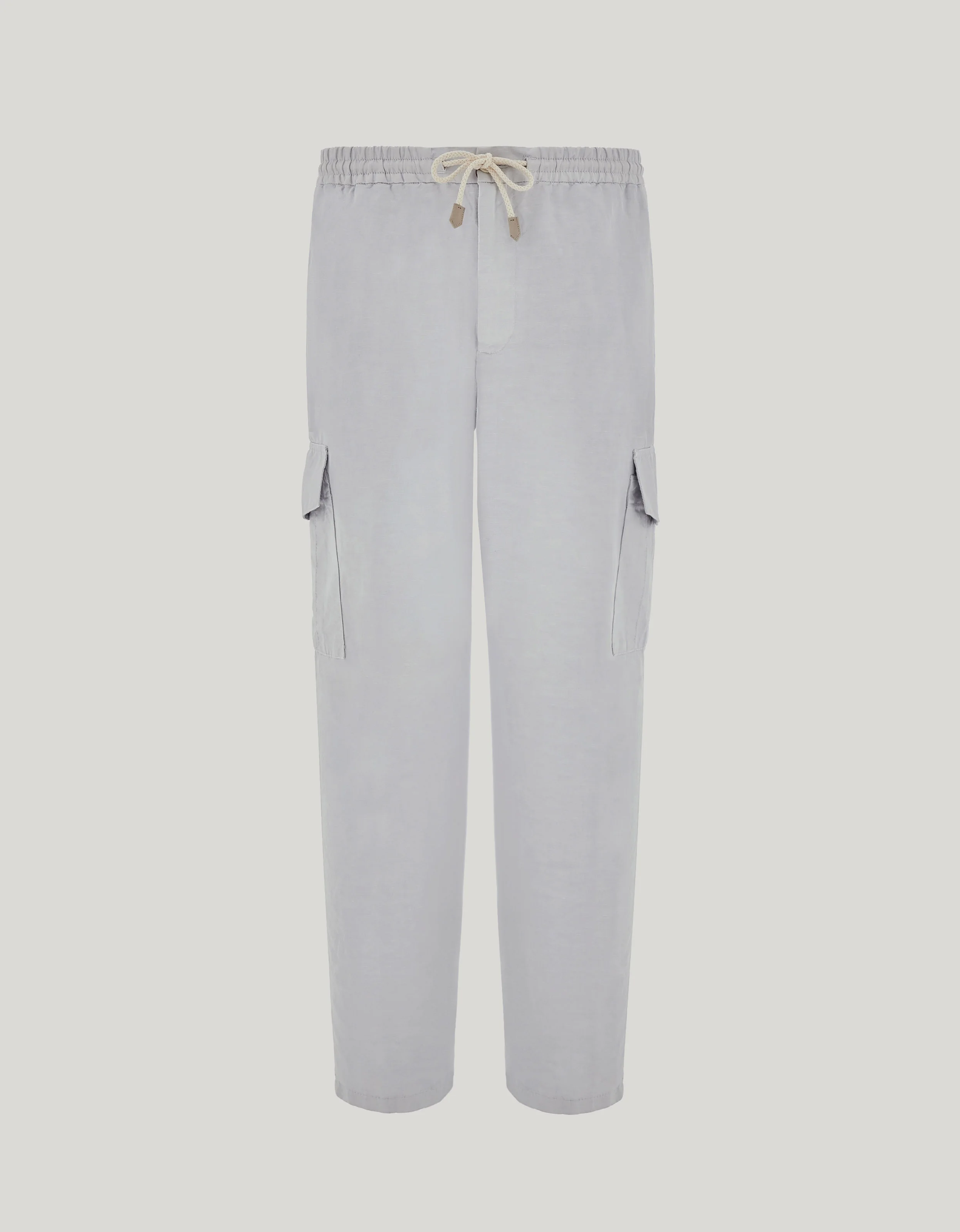 LIGHT GRAY LINEN AND COTTON CARGO PANTS WITH DRAWSTRING - 1