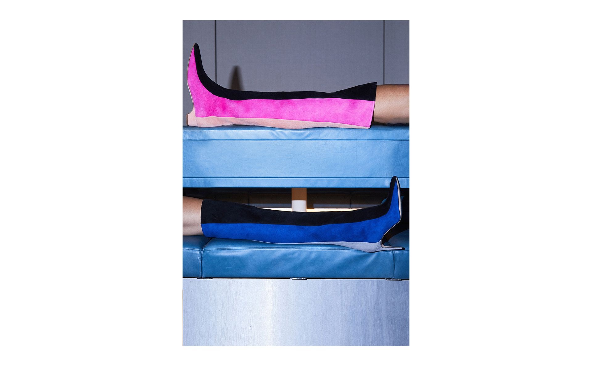 Black, Pink and Beige Suede Thigh High Boots - 6