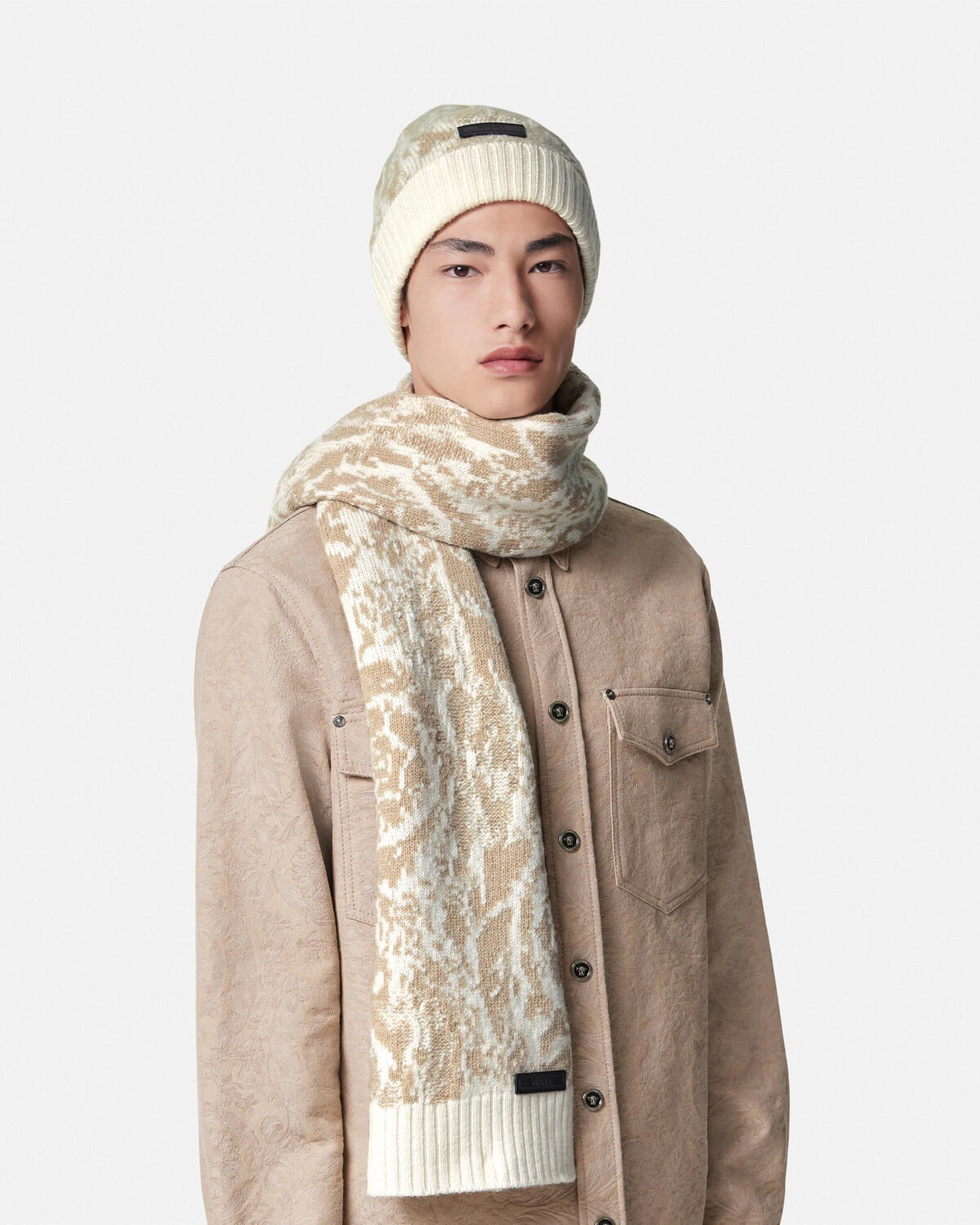 Reversible leather-trimmed jacquard-knit cashmere scarf