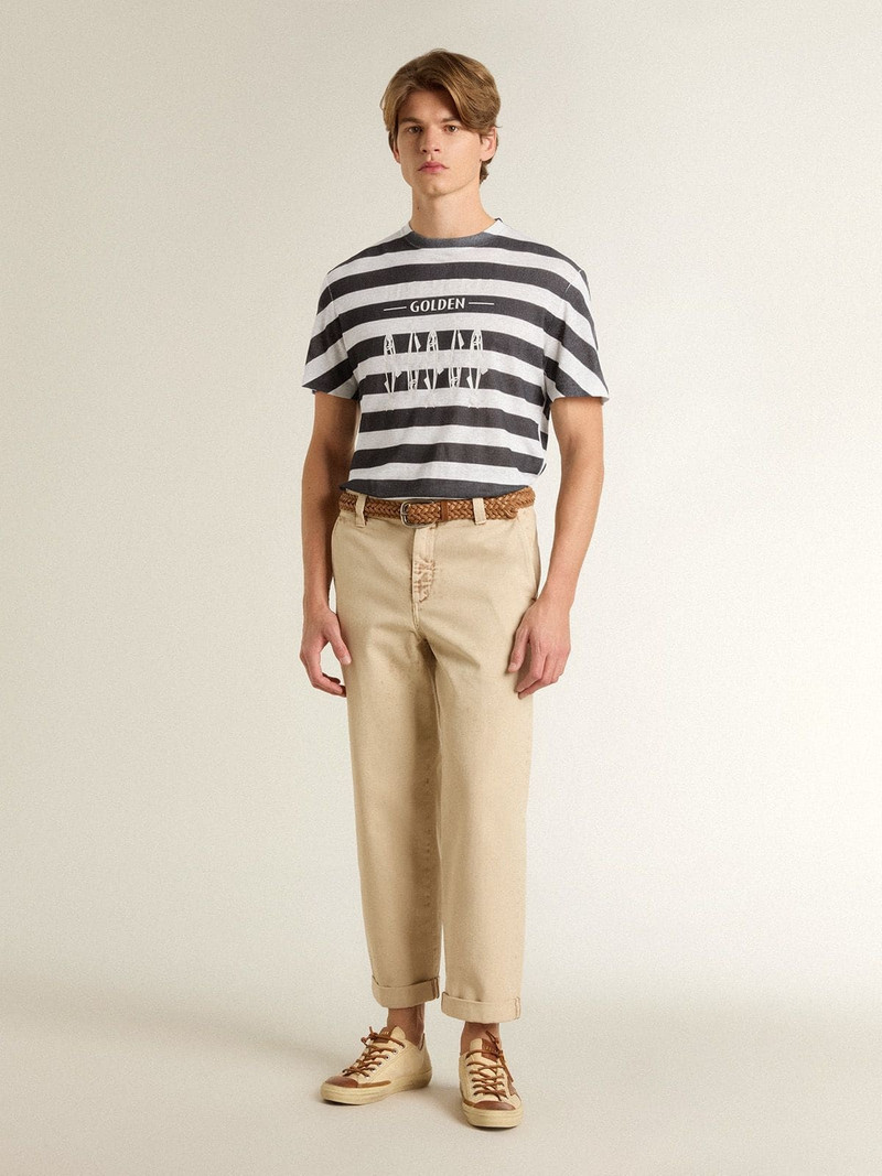 Men's white and blue striped T-shirt with Pescheria Golden print 3