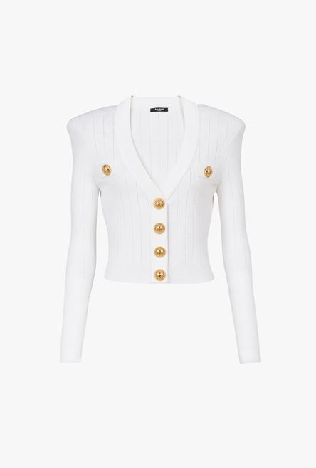 Cropped white eco-designed cardigan with gold-tone buttons - 1